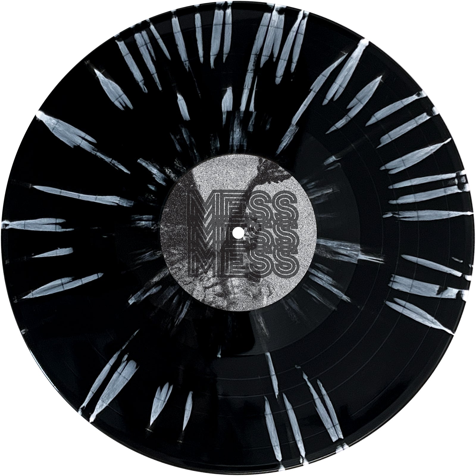 A black vinyl record with white streaks radiates outward from a silver center label featuring the bold, overlapping "Mess" logo—an eye-catching streetpunk design by Mess, ideal for any Oi! band or Under Attack LP collection.