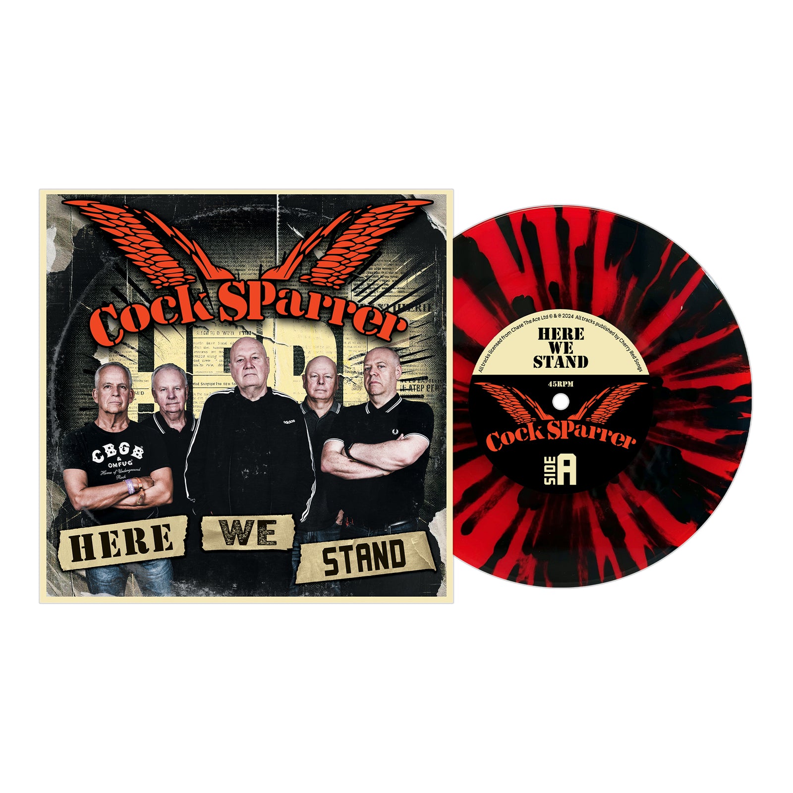 Album cover for Here We Stand by Cock Sparrer shows five band members in black shirts with an orange winged logo above, alongside a black and red splatter vinyl—capturing the bands iconic Hand on Heart attitude.