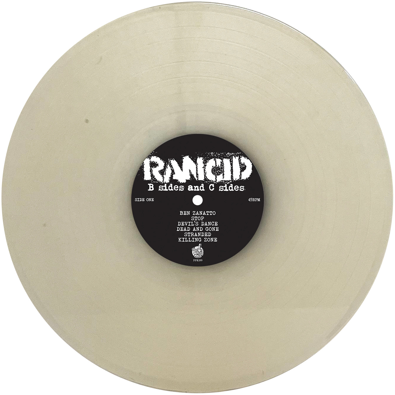 A translucent vinyl record by Rancid with a black center label displaying B sides and C sides, track titles, and album details in sharp white text.