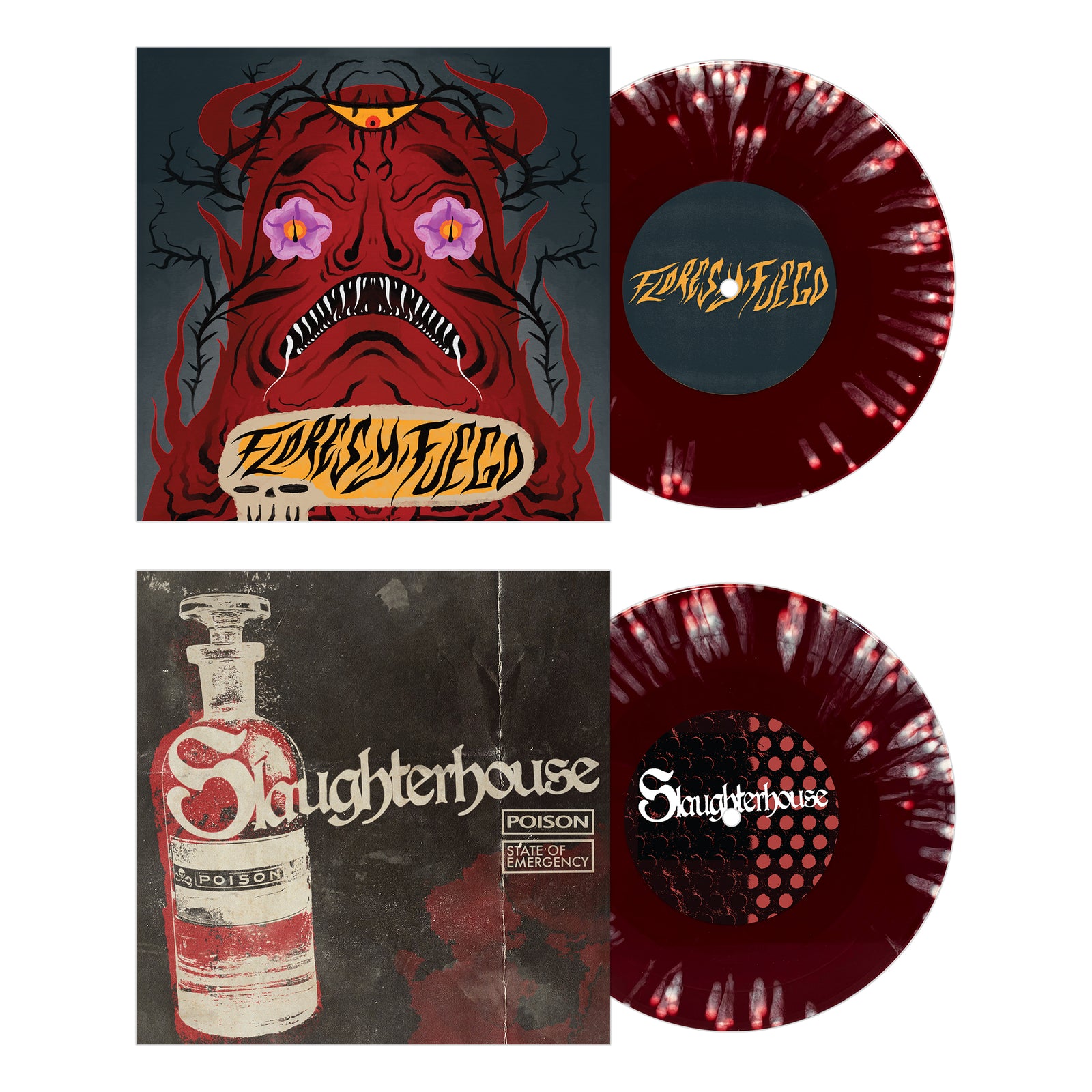 Two split 7 vinyls from Pirates Press Records: one features red-and-black marble with a demonic face and Formaldego text; the other sports red-and-black splatter, vintage poison bottle art, and Slaughterhouse branding.