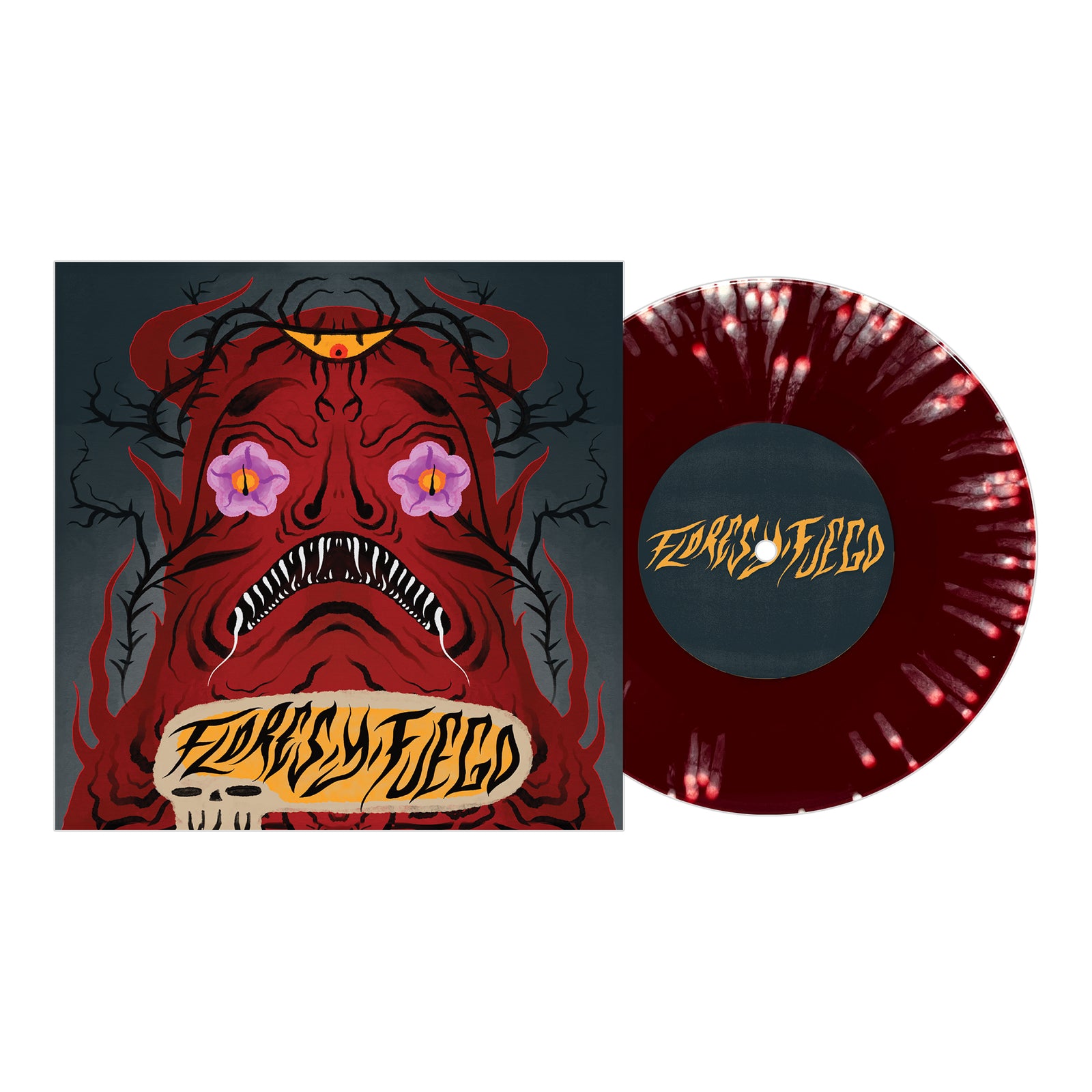 A split 7 vinyl from Slaughterhouse, pressed by Pirates Press Records, features a red and white splatter design. The cover depicts an abstract red demonic face with yellow eyes, purple flowers, and bold yellow text at the bottom.