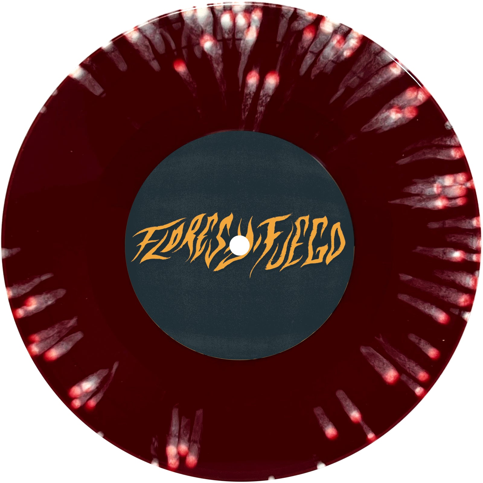 A maroon split 7 vinyl with white splatter, a dark center label reading FUERZA FUEGO in bold gold font—released by Pirates Press Records for fans of Slaughterhouse band.