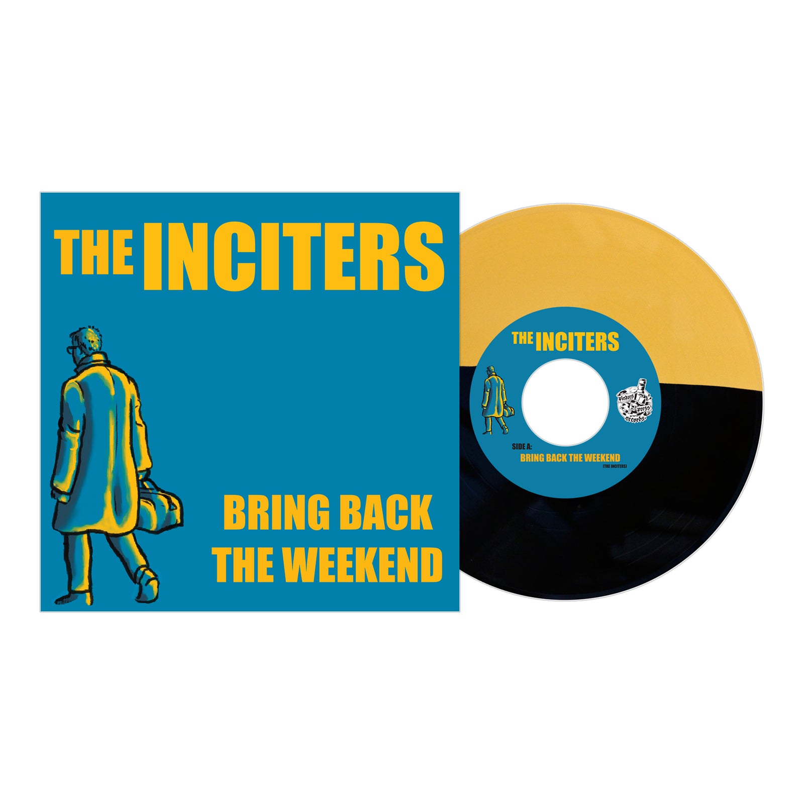 A half-yellow, half-black vinyl record by The Inciters sits beside its blue cover featuring yellow THE INCITERS and BRING BACK THE WEEKEND text and a sketch of a coated figure, evoking Northern Soul with comic book flair.