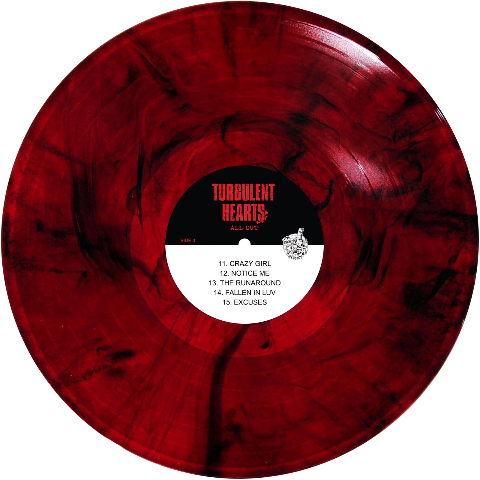 A red and black marbled vinyl record by Suzi Moon, titled "All or Nuthin’." The center label lists five songs: Crazy Girl, Notice Me, The Runaround, Fallen in Luv, and Excuses.