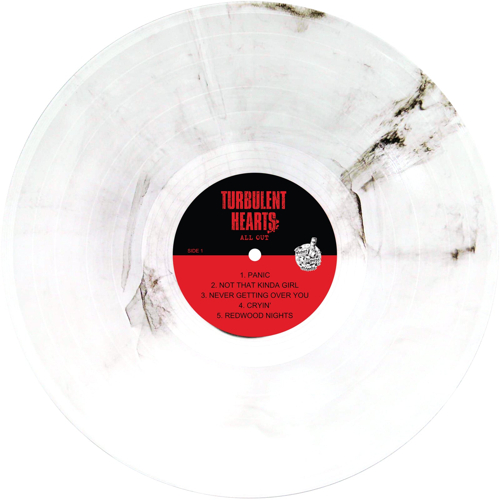 A white vinyl record with black marbling, labeled Suzi Moon Turbulent Hearts All or Nothin in red and black. Side 1 features five tracks: Panic, Not That Kinda Girl, Never Getting Over You, Cryin, and Redwood Nights.