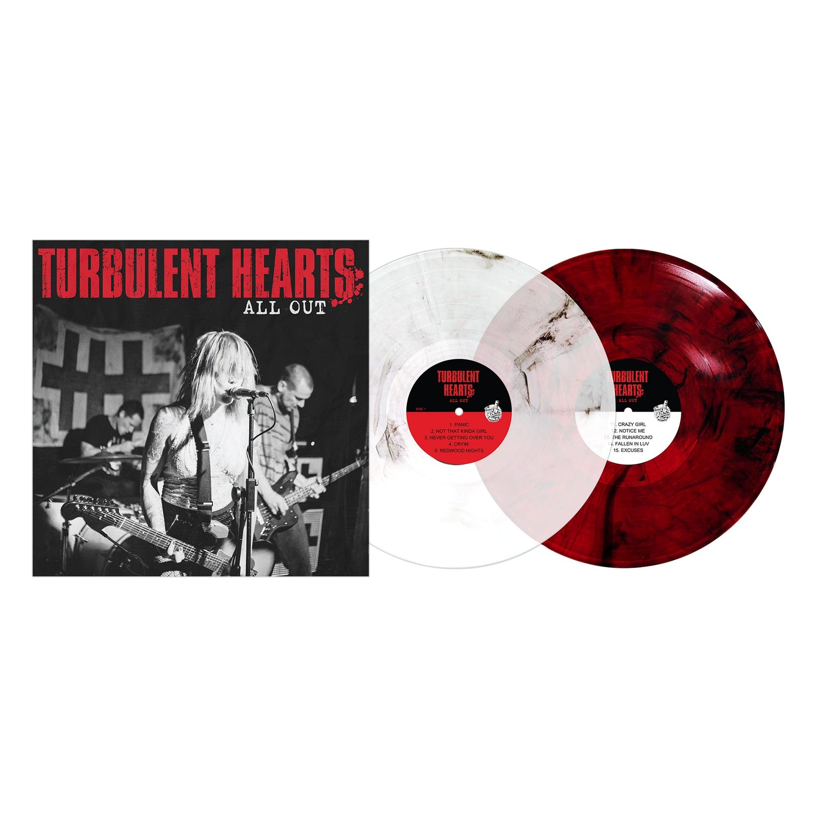 Album cover for Suzi Moon: Turbulent Hearts—All Out, a double LP with a black-and-white live band photo and two vinyl records: one white splattered with black, the other red splattered with black.