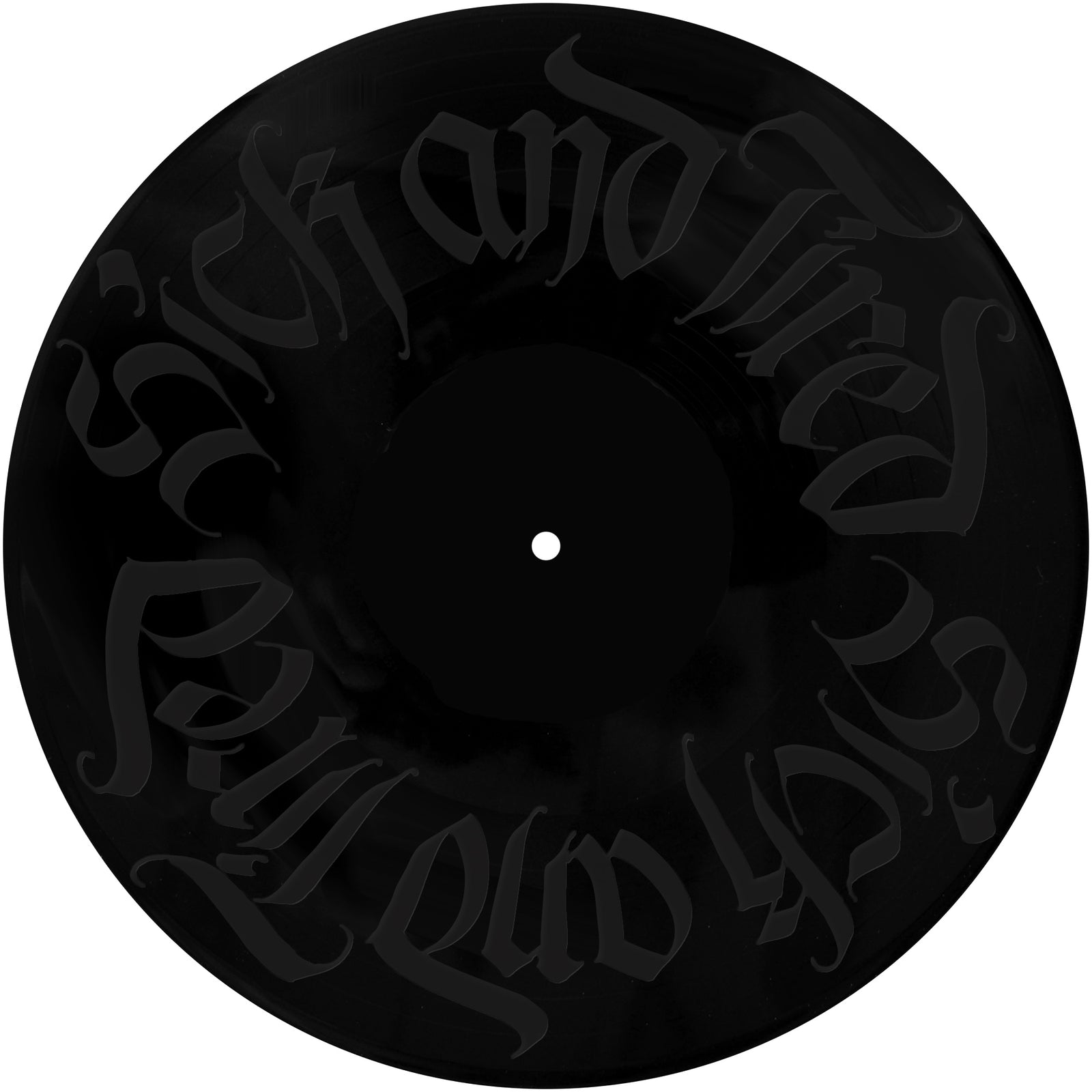 A black vinyl record by Slaughterhouse features sick and tired in bold gothic script circling the edge, its dark style a striking tribute to the LA hardcore and death rock scenes.