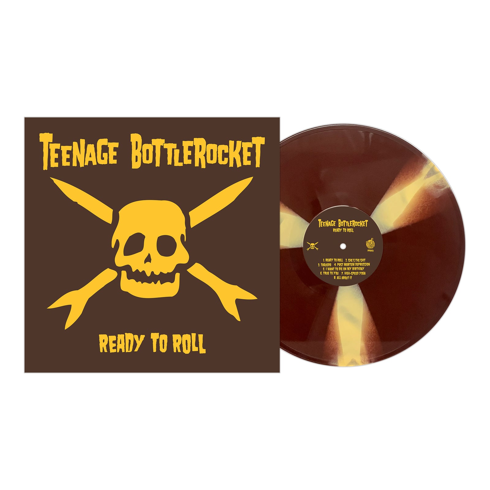 The image shows a Teenage Bottlerocket Ready to Roll vinyl with a brown and yellow marbled design beside its album cover, which features a yellow skull and crossed bats on a brown background.
