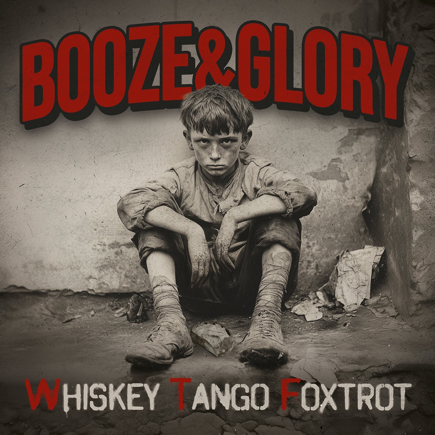 A black-and-white photo shows a dirty, barefoot boy against a wall, looking serious. “BOOZE & GLORY” in bold red tops the image, with Whiskey Tango Foxtrot below—capturing gritty punk rock spirit from Booze & Glory.
