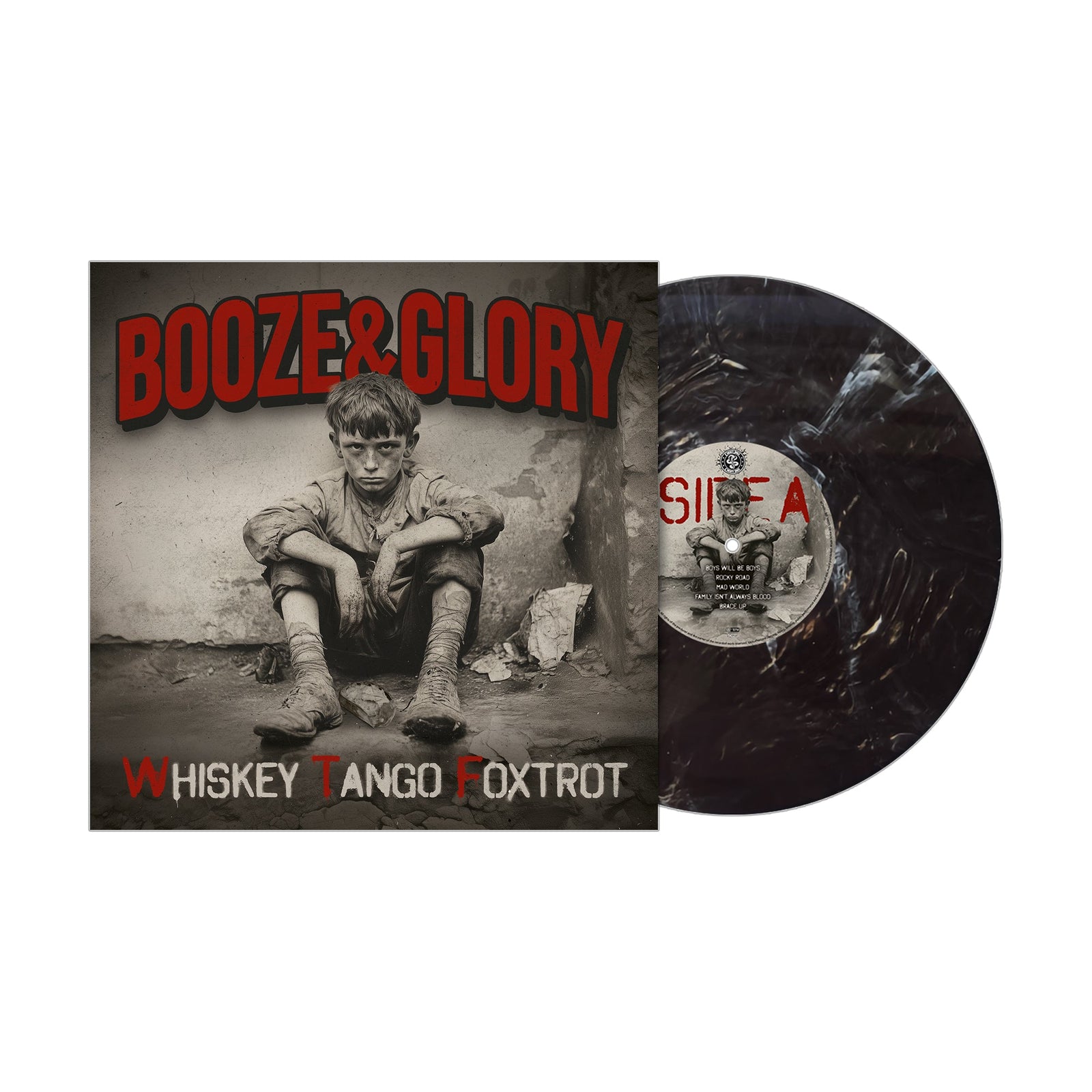 Vinyl record and album cover for Booze & Glorys Whiskey Tango Foxtrot, featuring a black-and-white photo of a sad boy on a curb with bold red and white text—a true Punk Rock and Streetpunk statement.