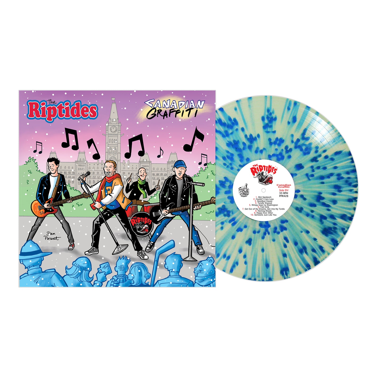 Ottawa pop-punk band The Riptides' "Canadian Graffiti" vinyl features a cartoon band with Parliament buildings backdrop on the cover and cream vinyl with a blue splatter design.