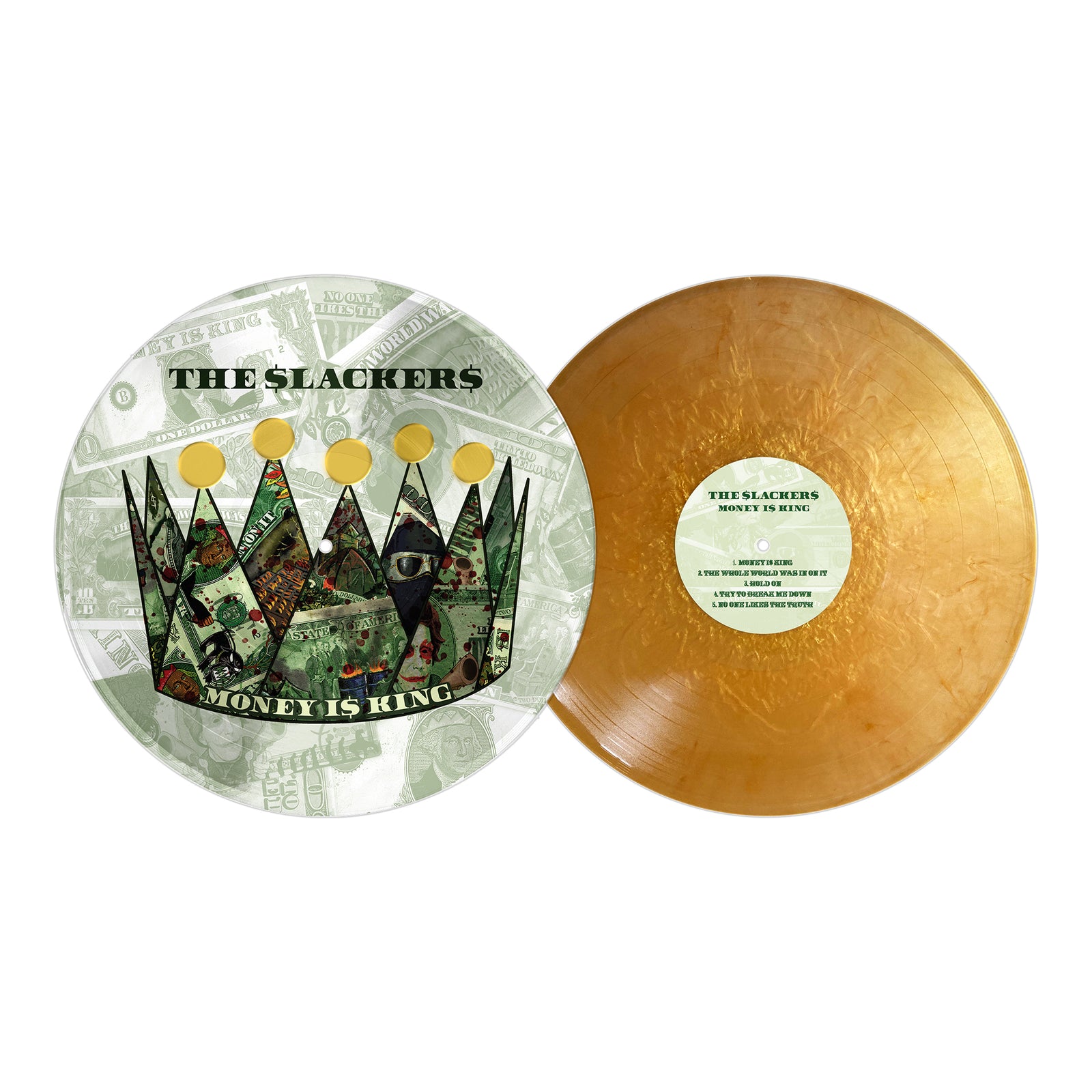 Two vinyl records from The Slackers: one gold translucent pressing, and another featuring a crown over U.S. dollar bills, both with their ska reggae EP Money is King.
