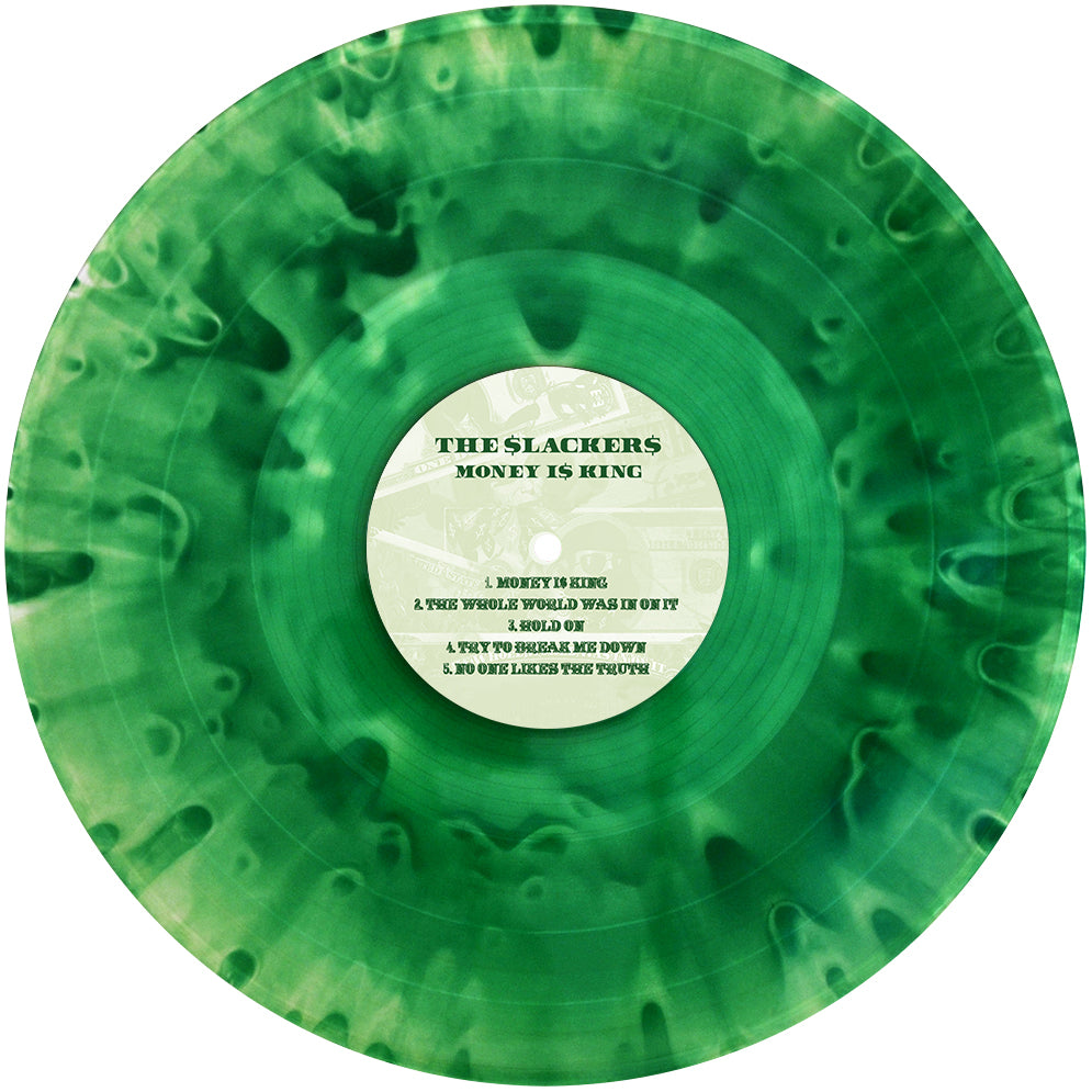 A green marbled vinyl by The Slackers titled Money Is King, featuring five ska/reggae tracks. Light and dark green swirls reflect the vibrant energy of The Slackers signature style.