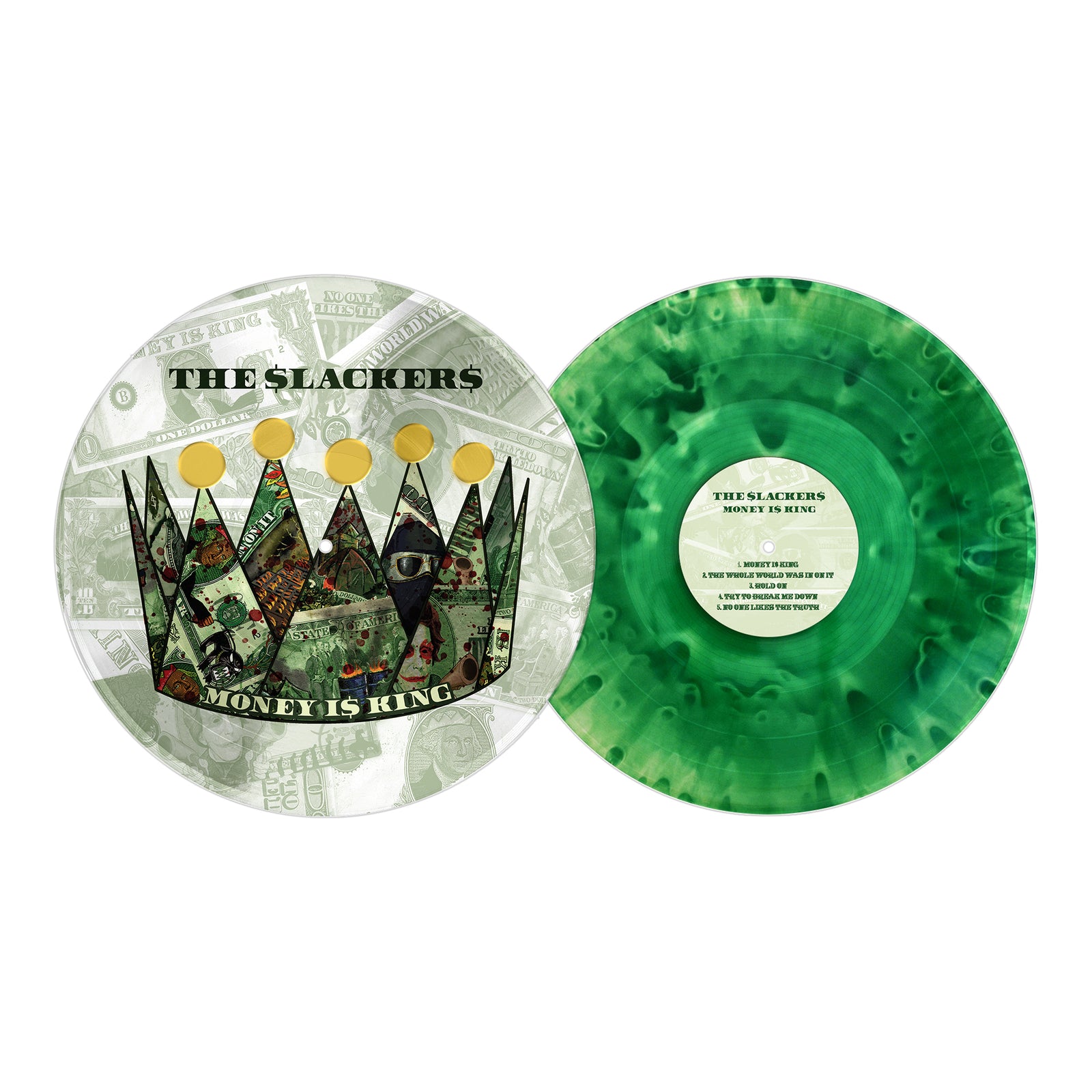 Two vinyl records from The Slackers: one green marbled, the other with a dollar bill collage, crown, and Money is King text. Ideal for ska/reggae fans; the green record label lists song titles and album details.