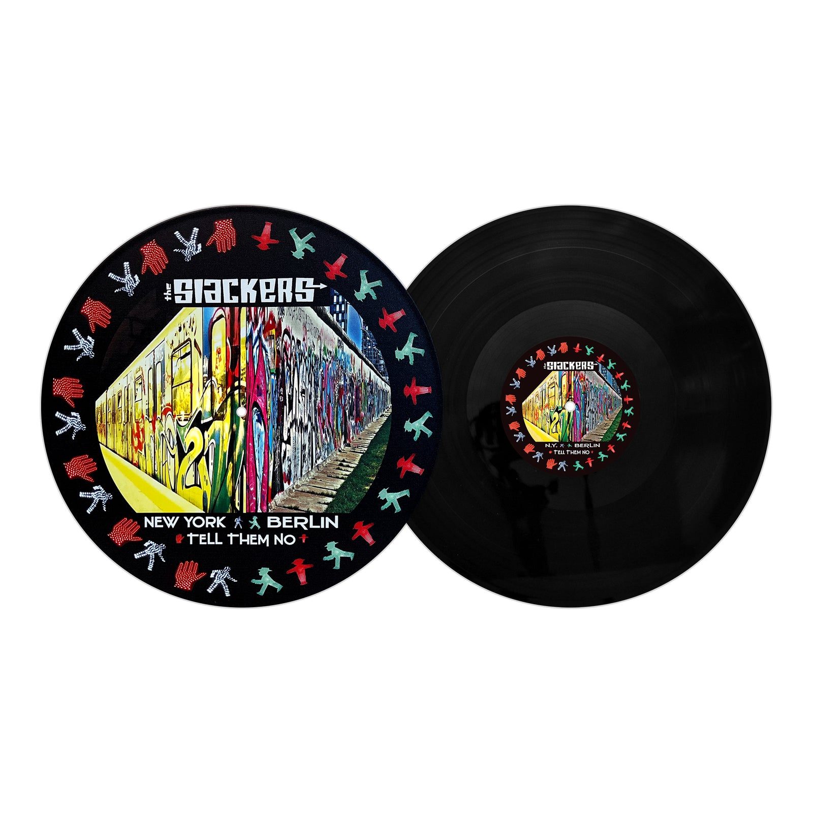 Two 12” UV digitally printed vinyl records by The Slackers—one with vivid NYC reggae graffiti of a subway train and the other solid black—both edged with colorful hands for vibrant, urban style.