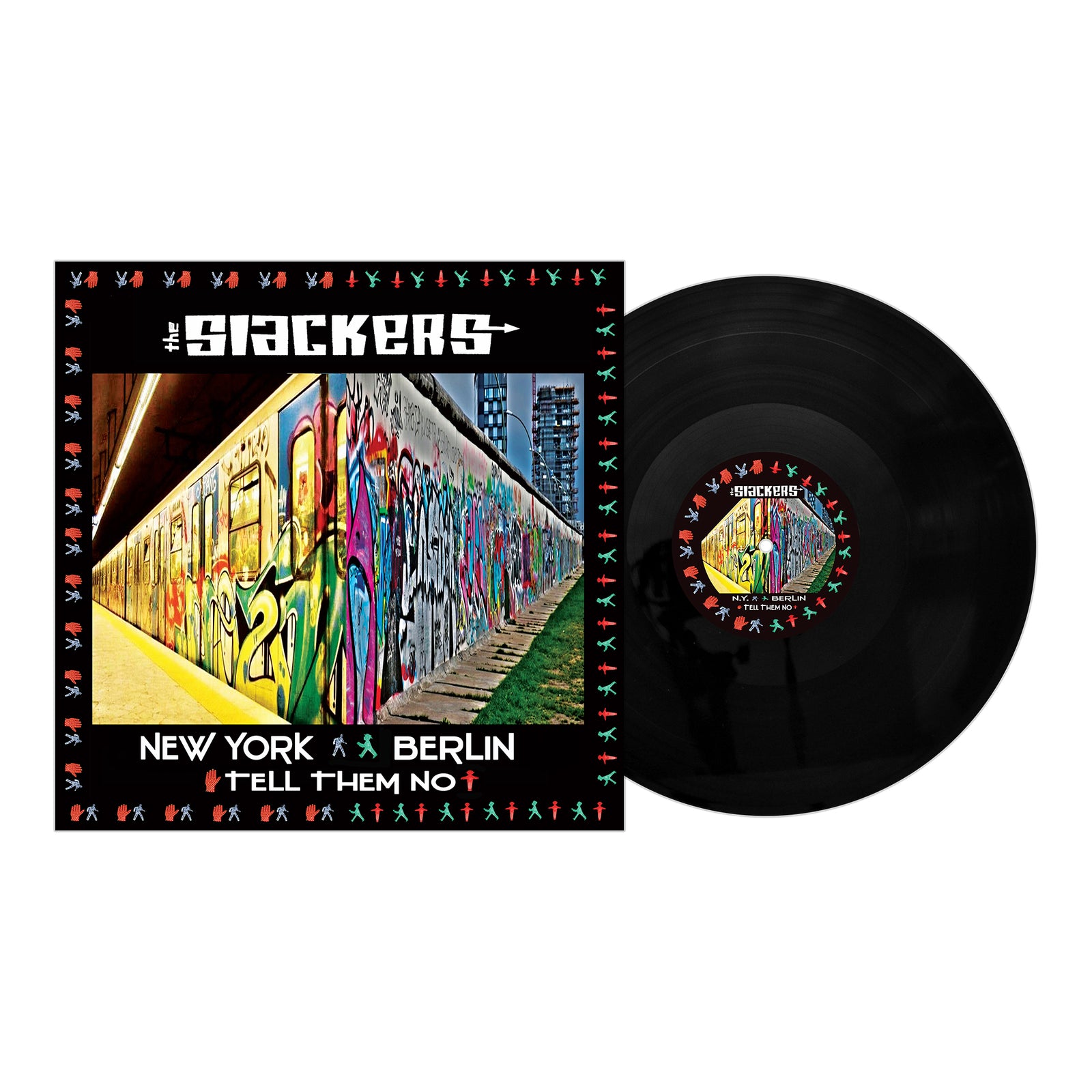 The Slackers’ 12” UV digitally printed vinyl, New York Berlin / Tell Them No, features colorful graphics and a graffiti-covered wall on the album cover, with the band’s name and song titles displayed.