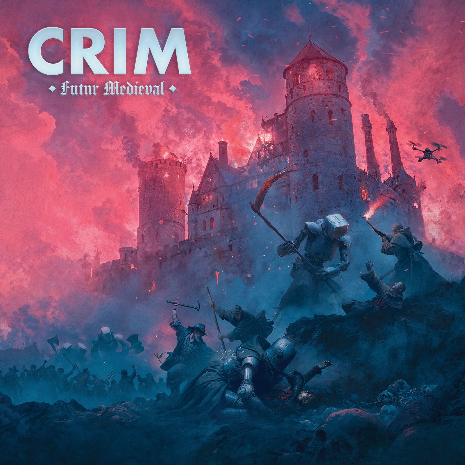 Armored knights clash before a fiery medieval castle under a pink-blue sky with drones above. "Crim" is displayed in bold white text, representing the Catalan punk band’s album Futur Medieval.