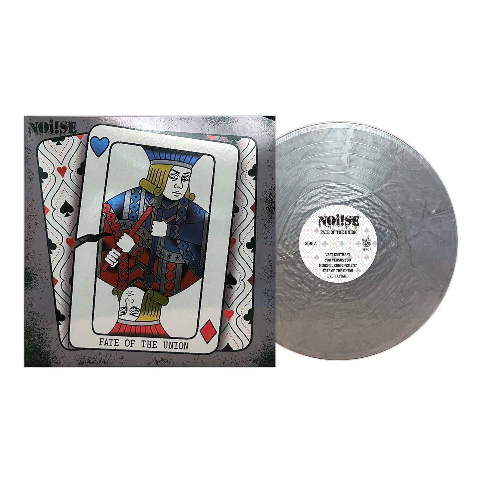 NOi!SE Fate of the Union vinyl record and album cover featuring a sad king of hearts holding a bat on a playing card design. Includes silver-marble vinyl displayed next to the cover.
