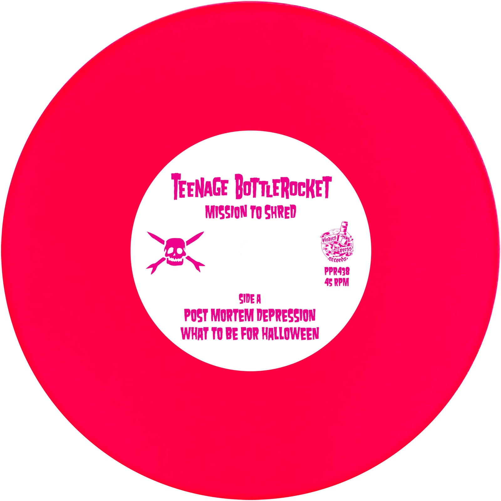 A bright pink vinyl pop-punk album from Teenage Bottlerocket features a white "Mission to Shred" label, the Mission To Shred Studios logo with skull and crossbones, and tracks like "Post Mortem Depression." A must-have collectible.