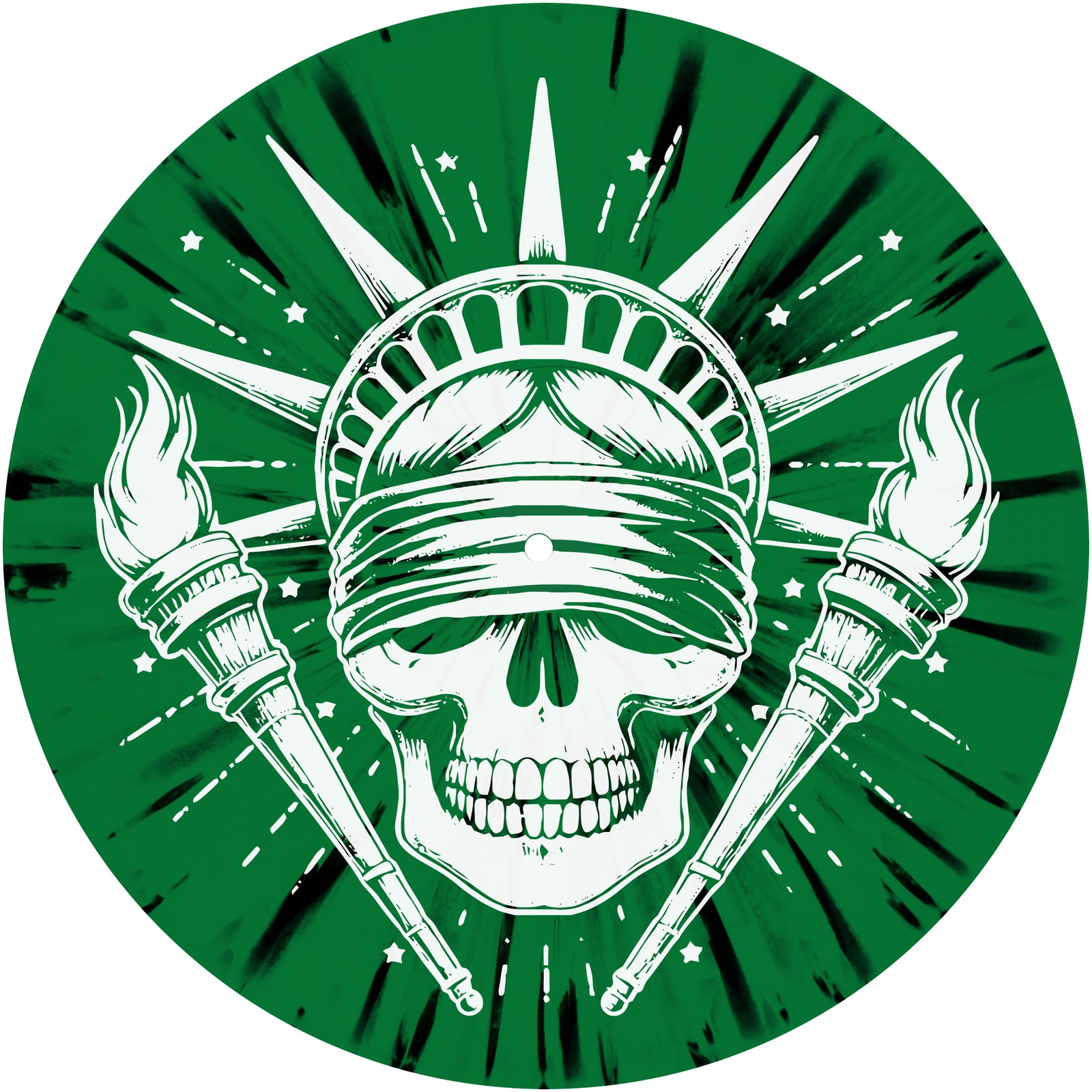 A green circular design for Brigata Vendetta features a skull in the Statue of Liberty’s crown and blindfold, with crossed flaming torches, white rays, and stars—evoking Bay Area punk in true Pirates Press Records style.