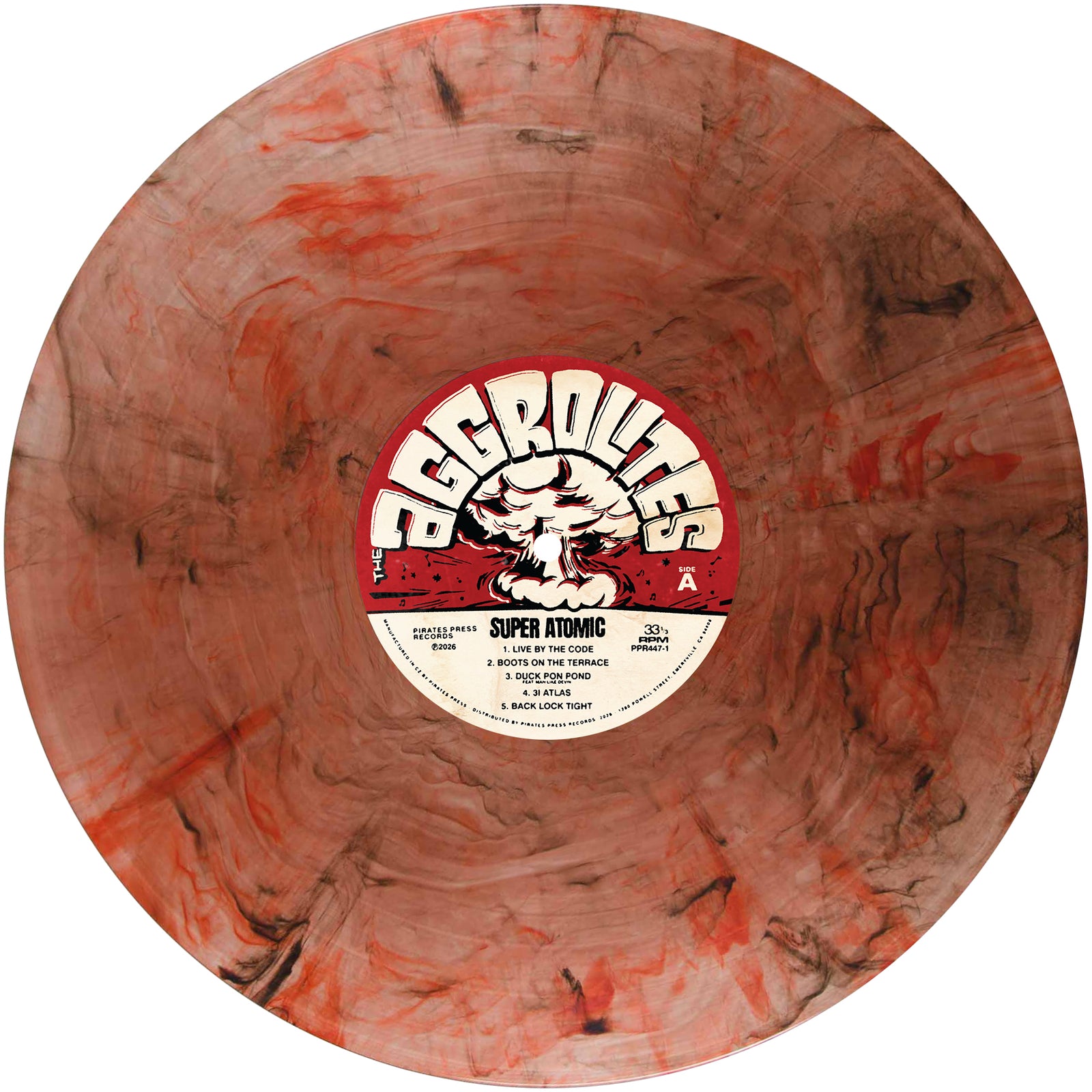 A marbled red and brown vinyl record from The Aggrolites with a central label reading "Super Atomic" and "Dirty Reggae," featuring a cartoon fist, track list, and smoky swirling design that reflects the band’s signature style.