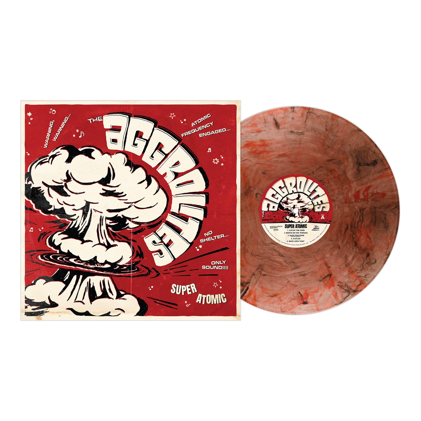 A marbled red and black vinyl record from The Aggrolites. Its red cover showcases a black and white atomic explosion illustration, with bold text: “The Aggrolites,” “Super Atomic,” plus a nod to their Dirty Reggae roots.