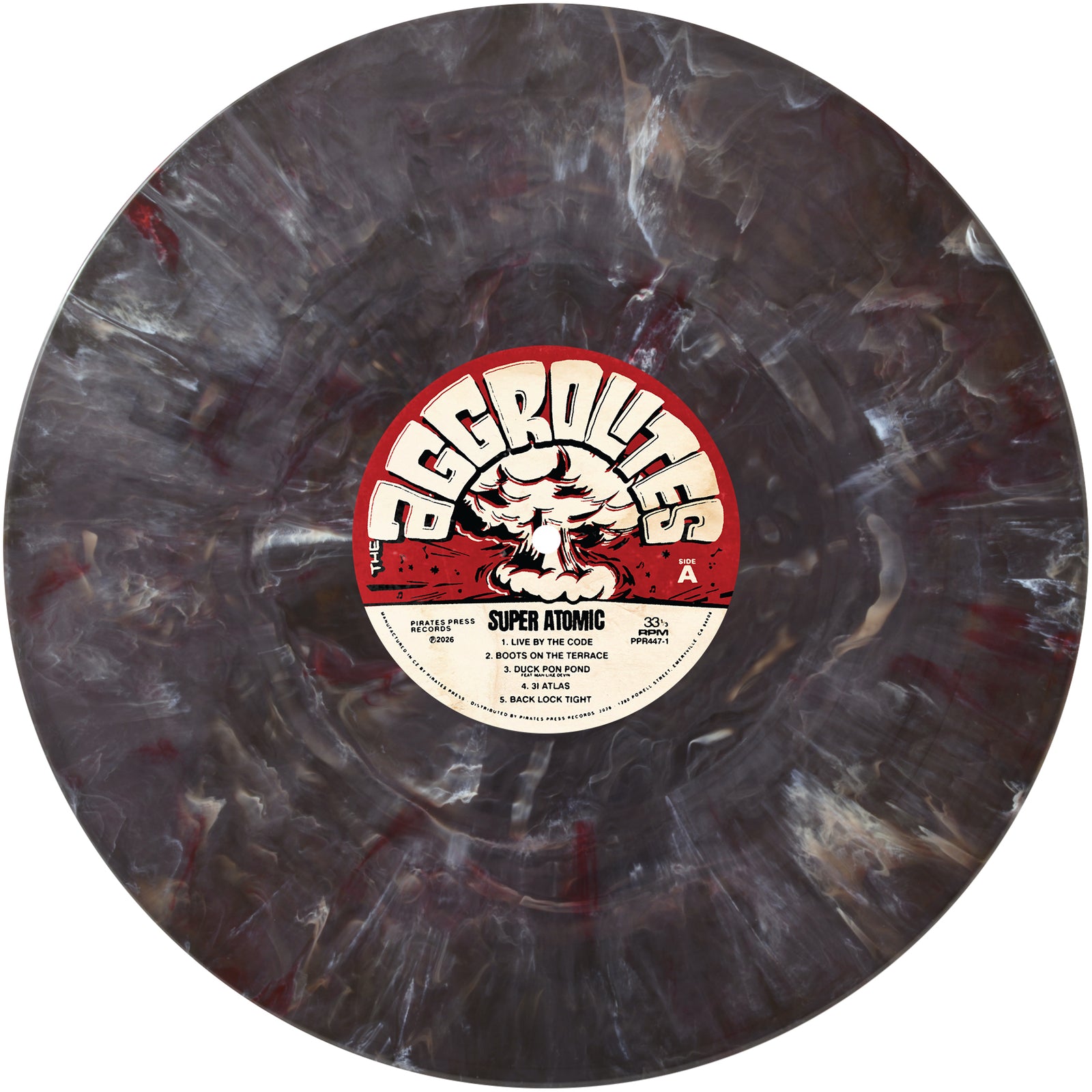 A marbled black, white, and gray vinyl record with a red and cream label reading The Aggrolites, showing album and song details—such as Dirty Reggae—around an atomic explosion illustration.