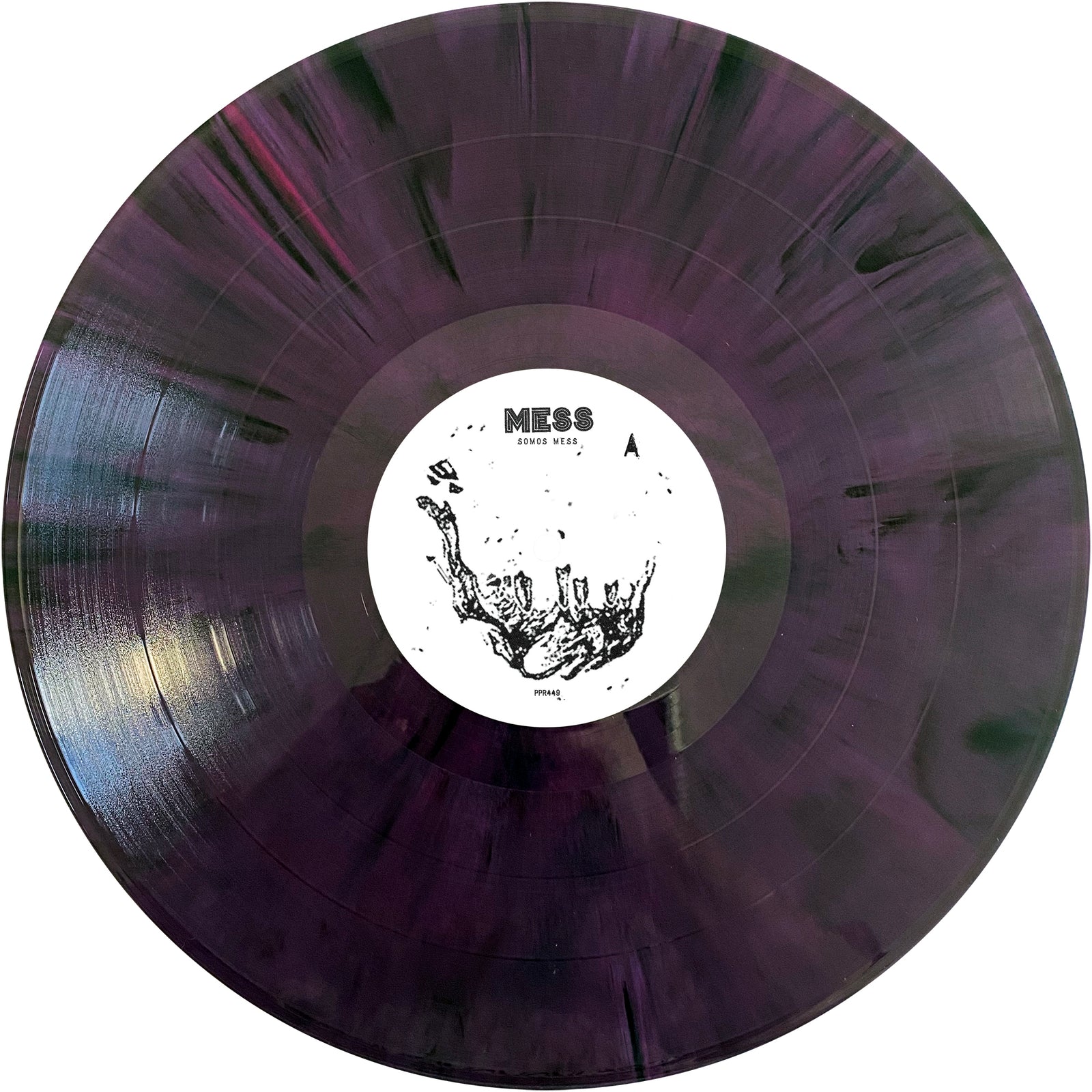 A black and purple marbled vinyl record from the Mess collection with a white center label reading "Mess," featuring abstract black hand artwork reaching upward.