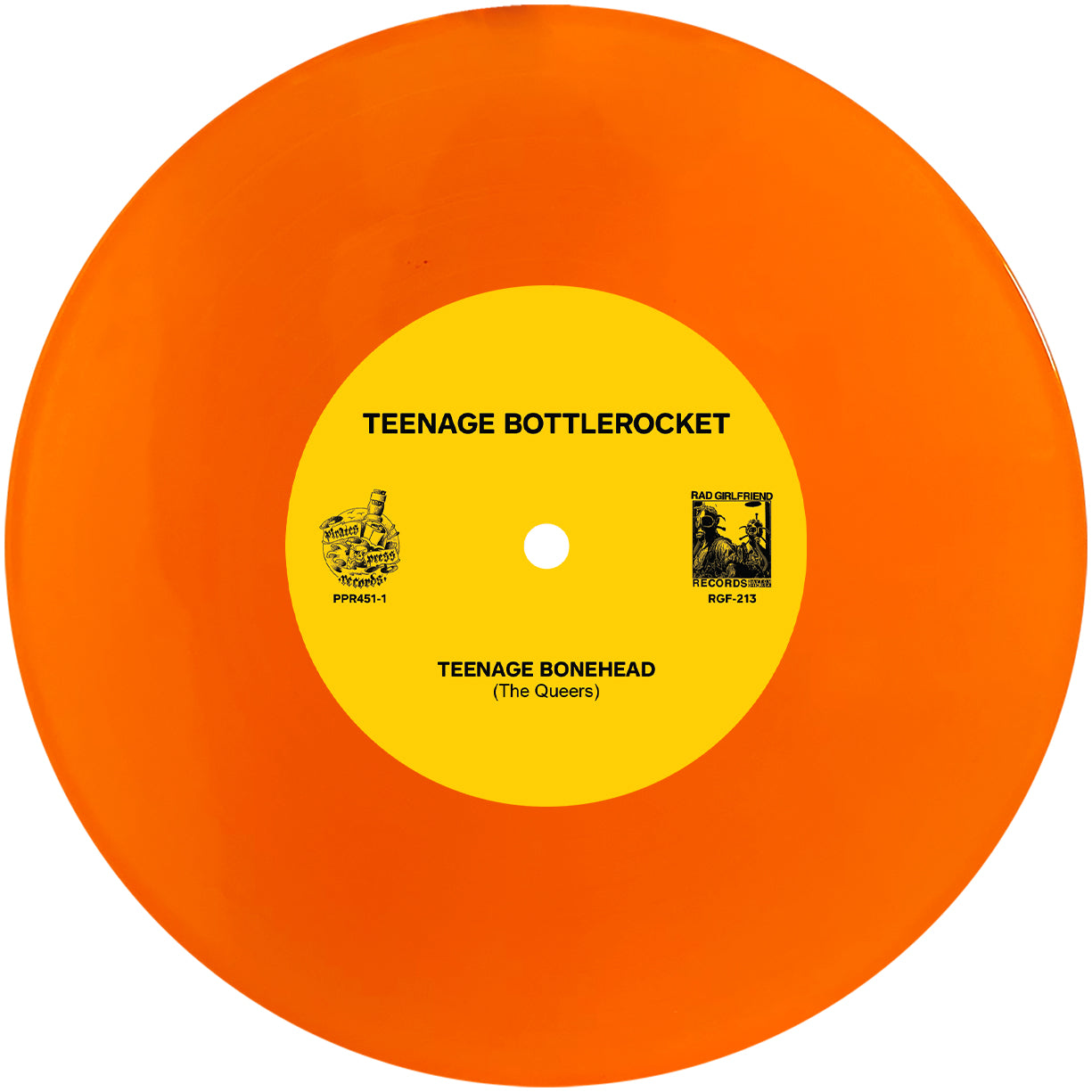 A split 7” orange vinyl with a yellow label features Teenage Bottlerocket and The Queers, displaying “Teenage Bonehead.” The label has small black graphics and text. Brand: Teenage Bottlerocket.