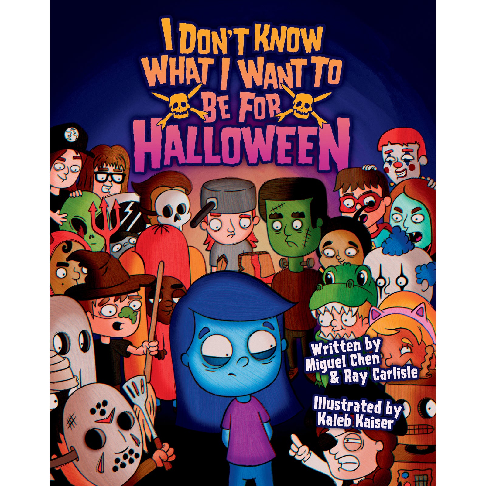A blue-haired child stands unsure among kids in Halloween costumes, including a witch, mummy, skeleton, and dinosaur. The book title reads I Don’t Know What I Want to Be for Halloween—a delightful Halloween children’s book that captures the uncertainty and excitement of costume choices.