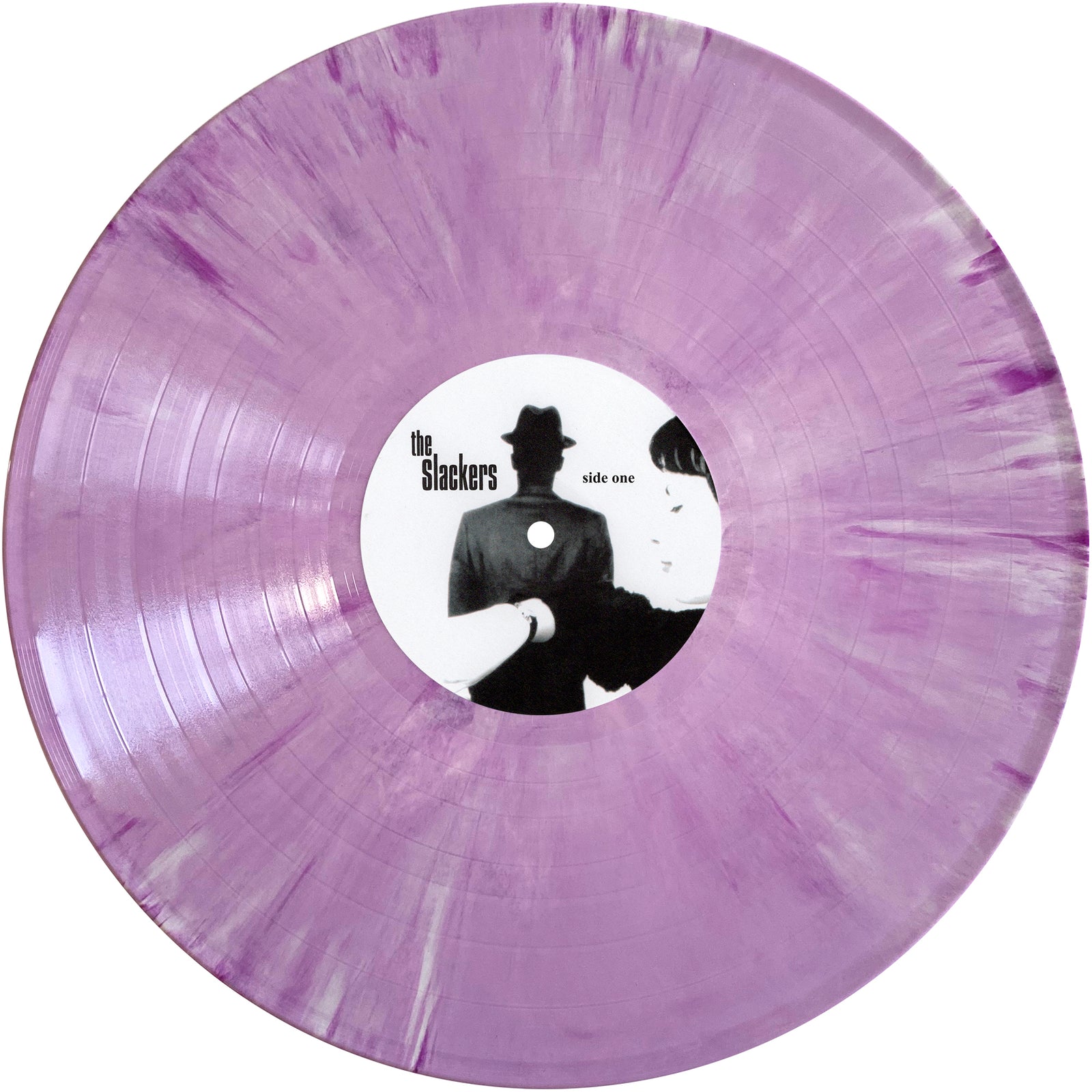 A limited-edition purple marbled vinyl record from The Slackers features a center label displaying the band's name and a black-and-white image of two individuals, one in a hat. Showcasing their pioneering NYC ska sound, this release has a label indicating "side one.