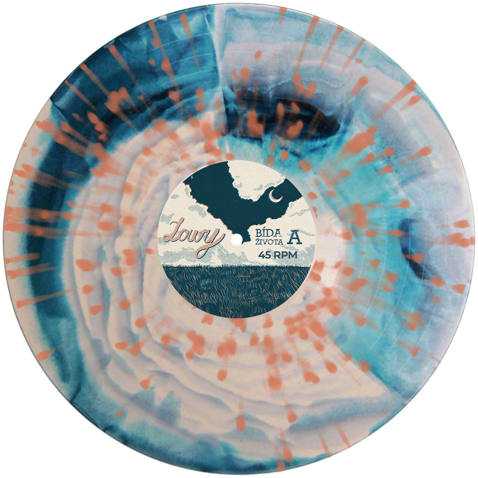 A vinyl record with a blue and peach marbled pattern, released by Pirates Press Records, features clouds, grass, and text reading Davy, Bída života—the Louty debut LP from Czech melodic punks.