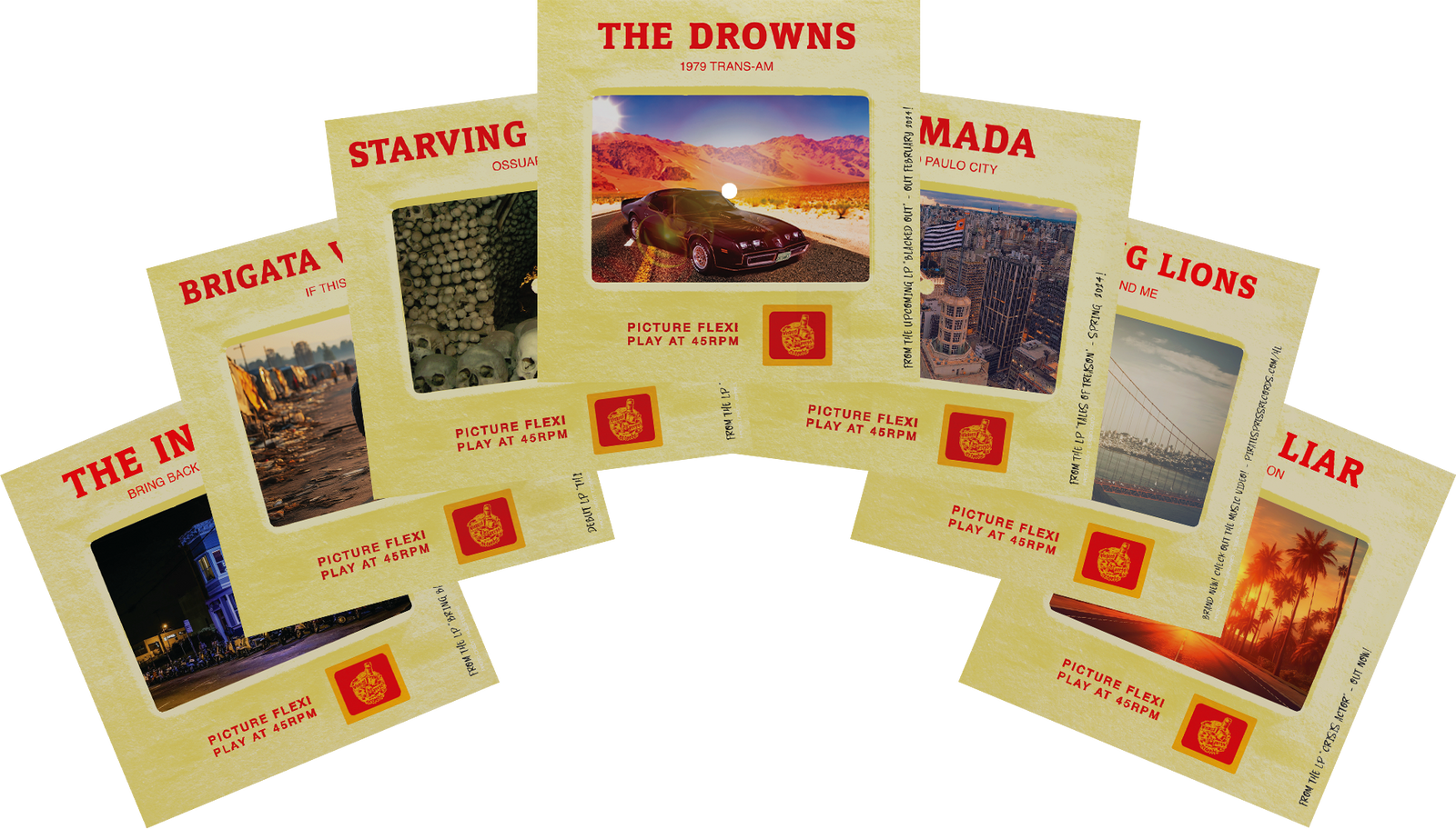 Seven stylized SLIDE FLEXIS cards from Pirates Press Records feature band names, event times, and images such as a desert car, concert crowds, cityscapes, bridges, and silhouettes—all celebrating the brand.