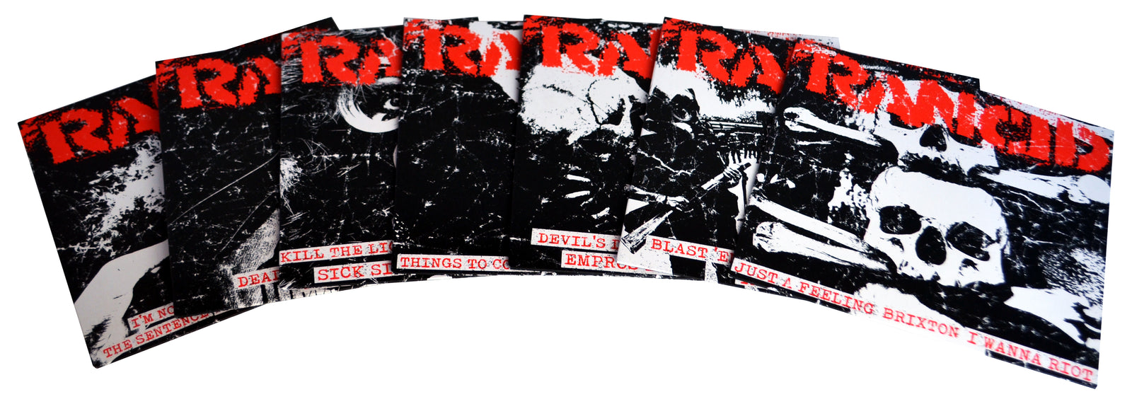 A set of seven Rancid vinyl albums features bold red RANCID branding with black-and-white punk rock covers, skulls, and grunge graphics, all displayed in a semicircle for a striking collection.