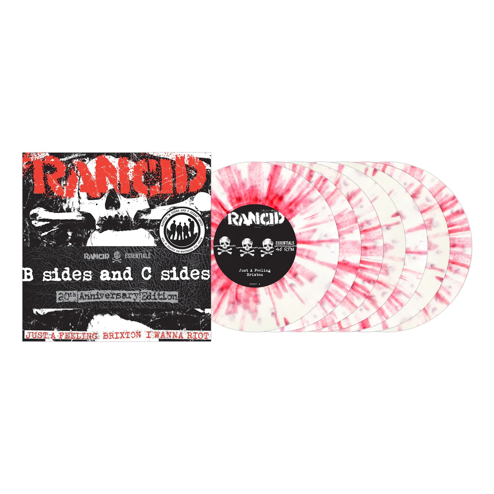 A Rancid vinyl set with five white records featuring red splatter, remastered tracks, punk-style black, white, and red album cover art, and a collectible leather obi-strip.