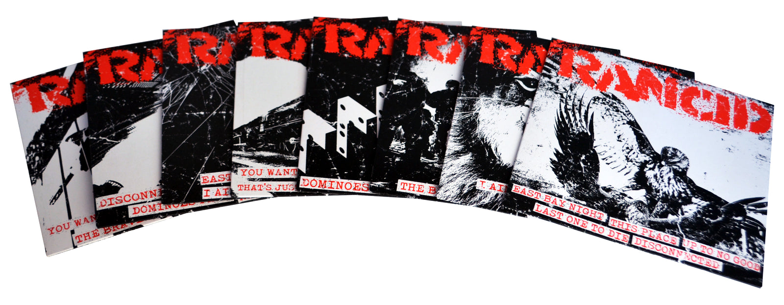 A row of punk music album covers by Rancid, each with black and white grunge-style artwork. The collectible sleeves feature bold red "RANCID" branding and striking red and white text at the bottom.