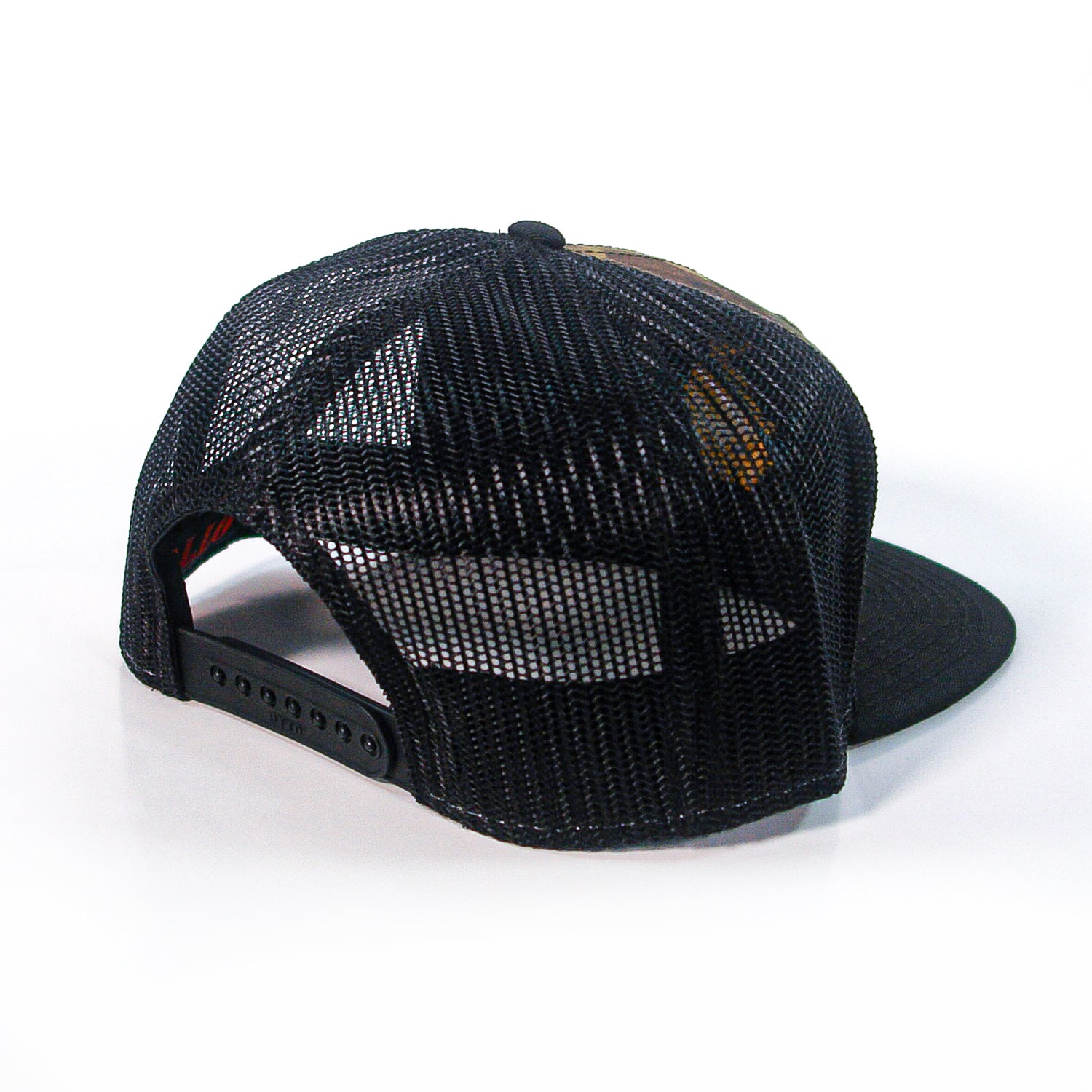 A Pirates Press Records black mesh trucker cap viewed from the back, featuring an adjustable snapback closure and a curved brim, photographed on a white background.