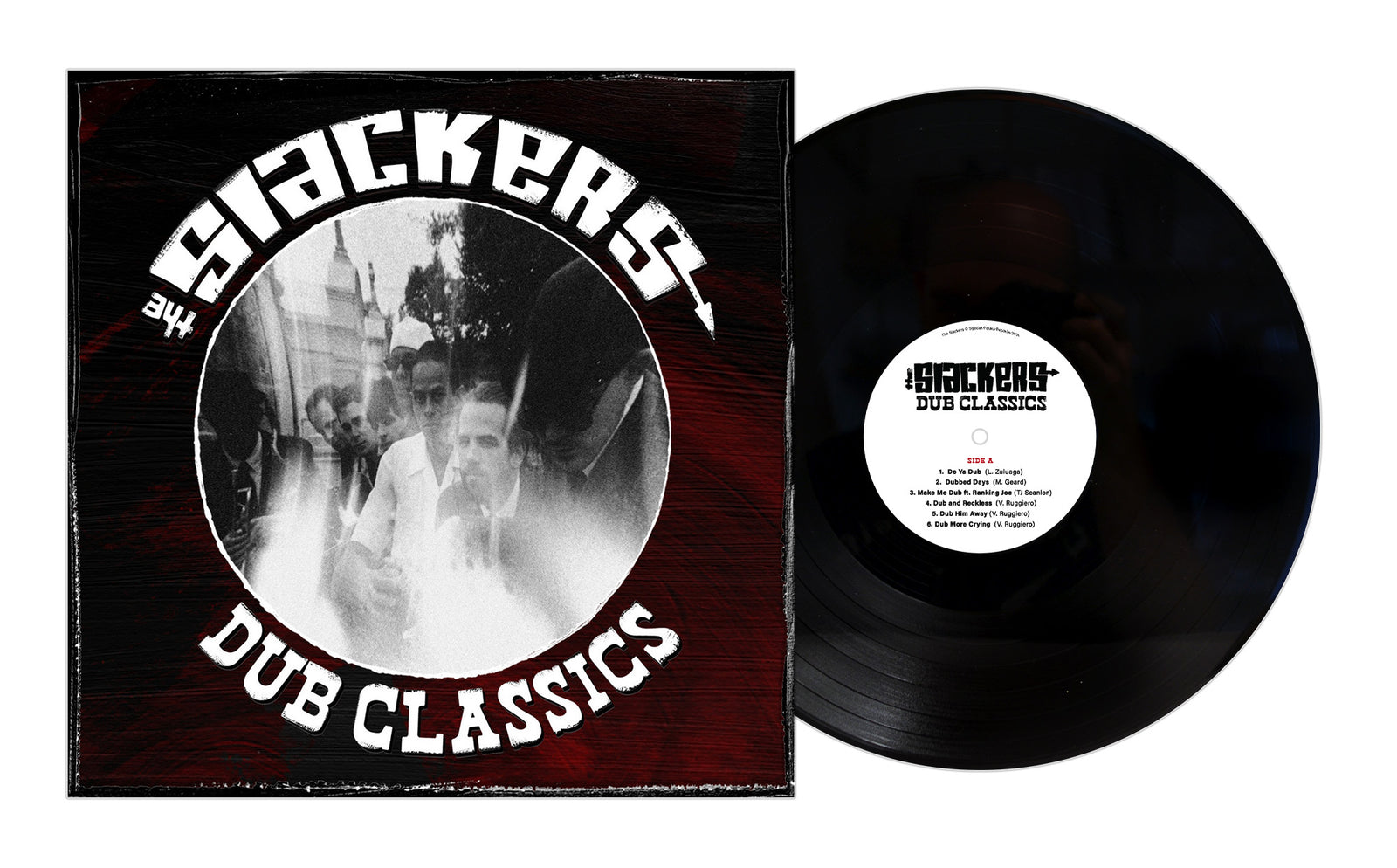 A vinyl record by The Slackers sits beside its cover, which displays “Dub Classics” in bold white text over a black-and-white blurred photo of people, evoking Jamaican music. The record label matches the album title.