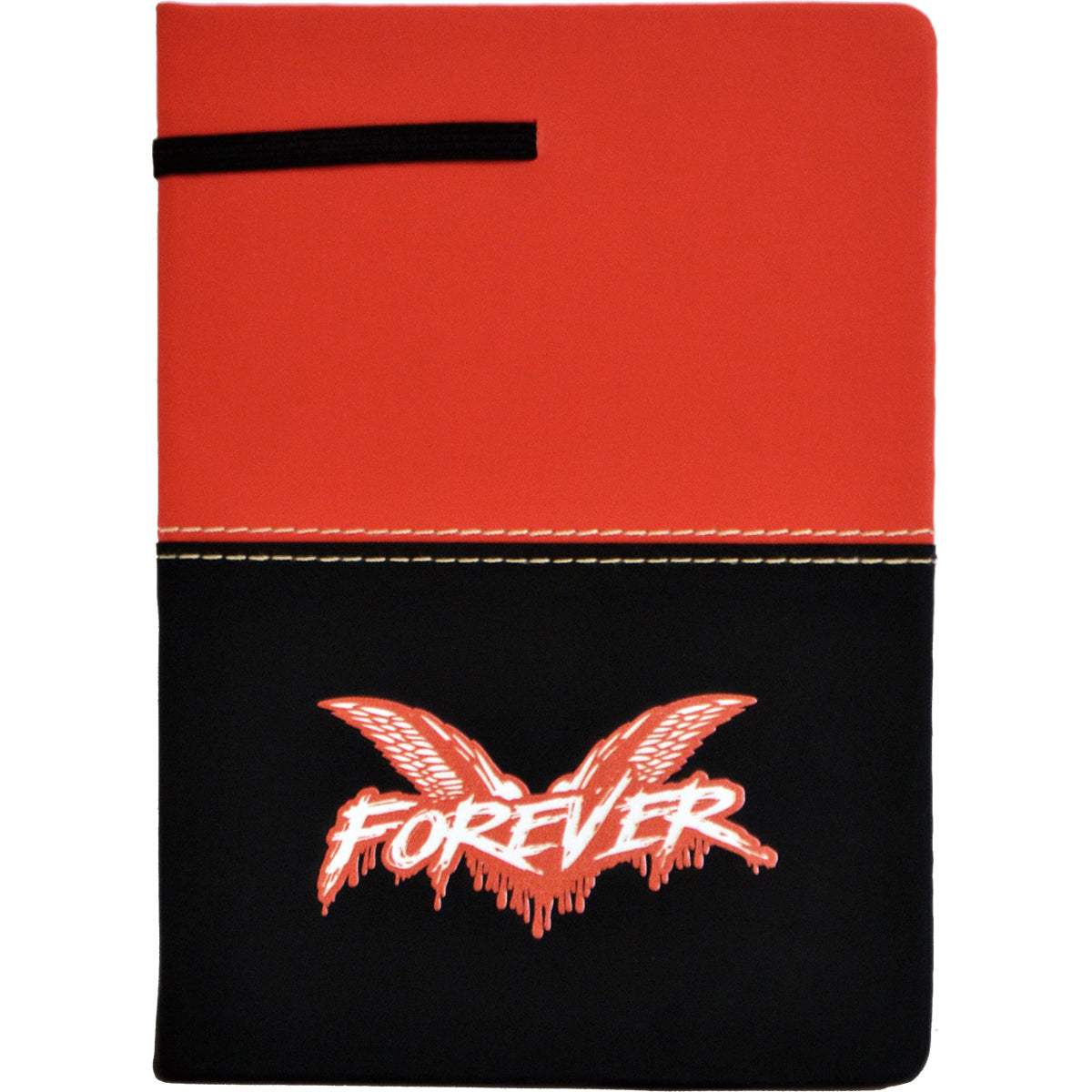 The Cock Sparrer journal features lined pages, a red top with black bottom divided by white stitching, "FOREVER" with wing graphics on the black half, and a black elastic band at the top.