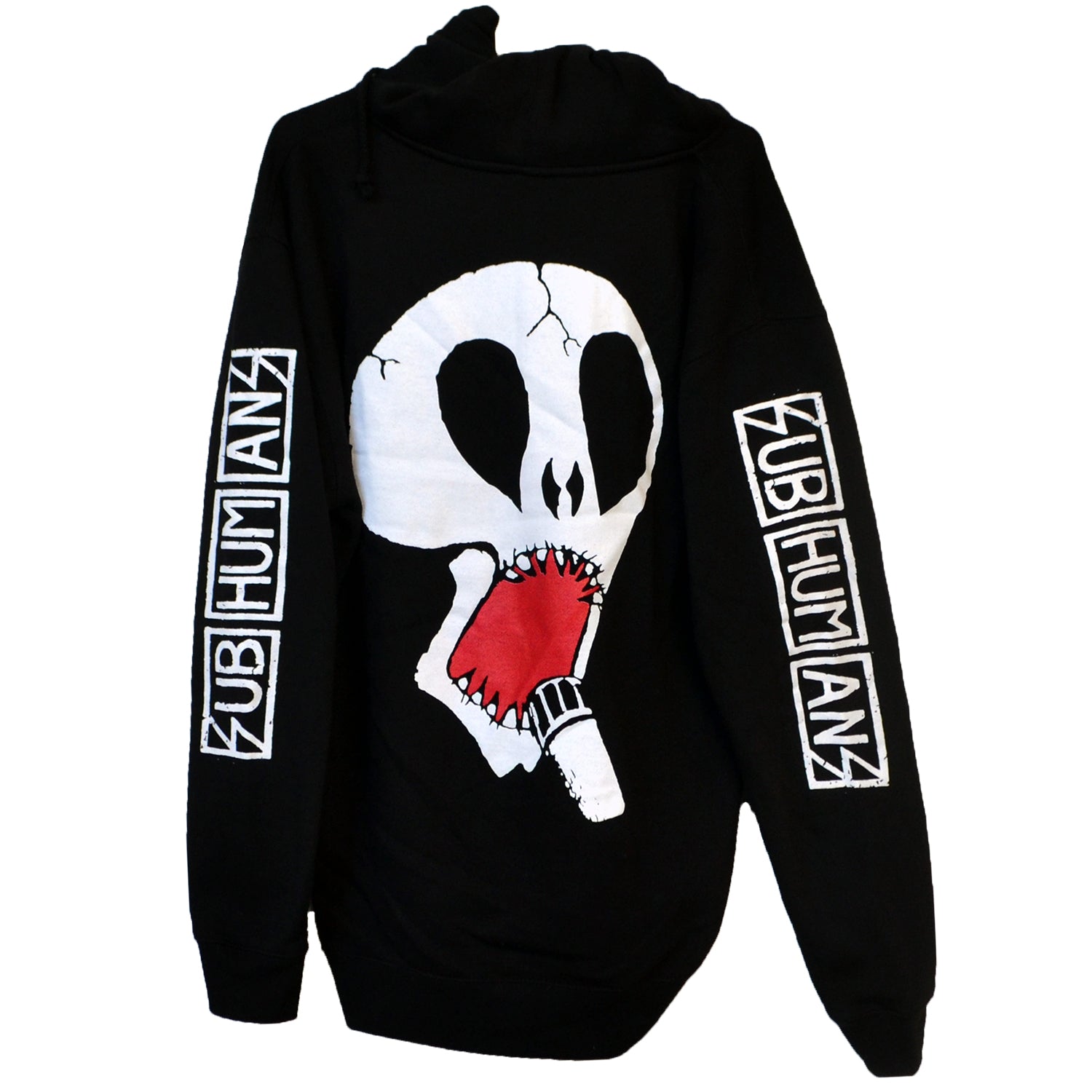 Subhumans Black Skull Logo zip-up hoodie featuring a cracked skull biting a cigarette on a red background. SUB HUM ANS prints in white run down both sleeves. Made for comfort and style on the Independent IND4500Z sweatshirt base.