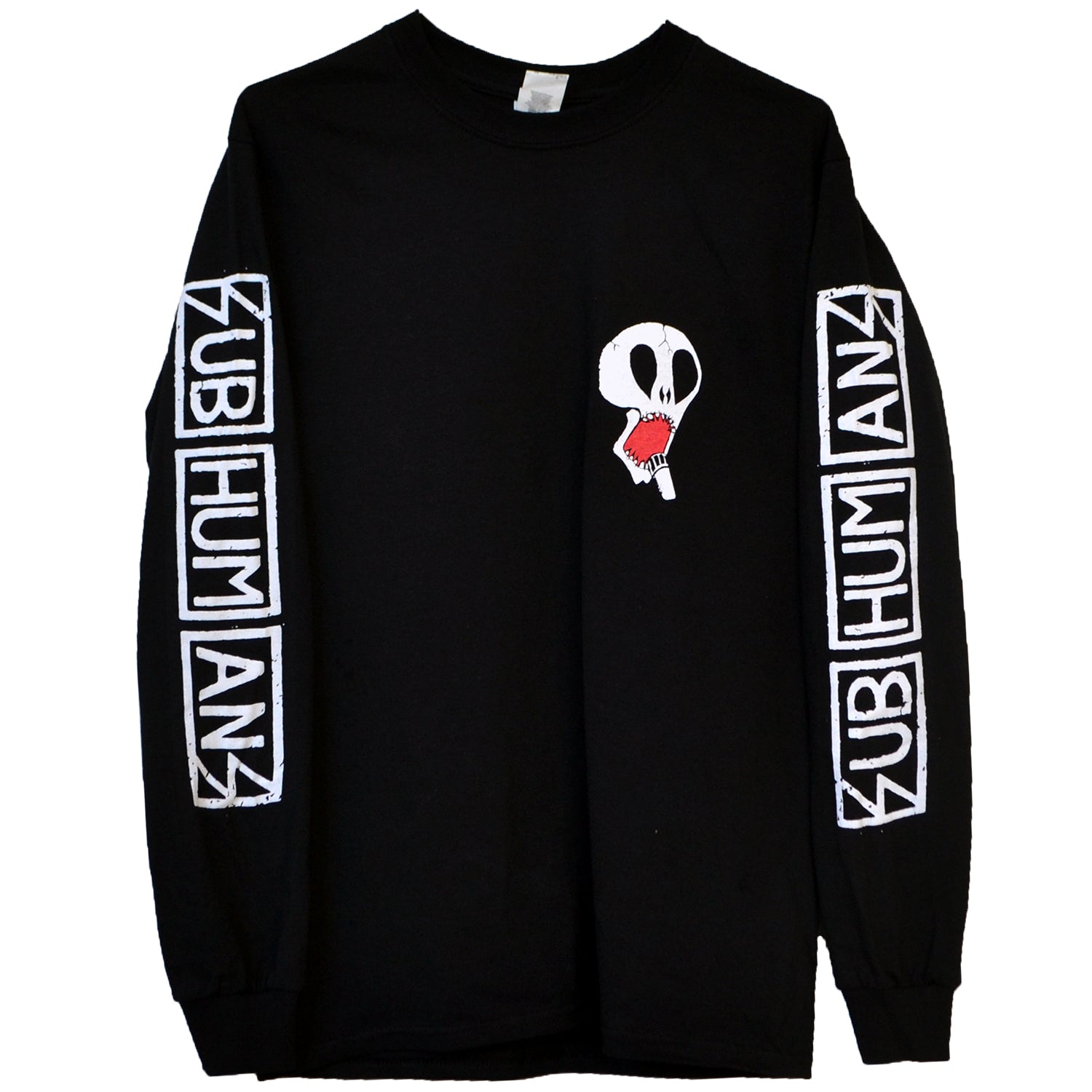 Subhumans black longsleeve tee with their name in white on both sleeves and a melting skull licking red ice cream graphic on the left chest. Printed on classic Gildan #2400 fabric.