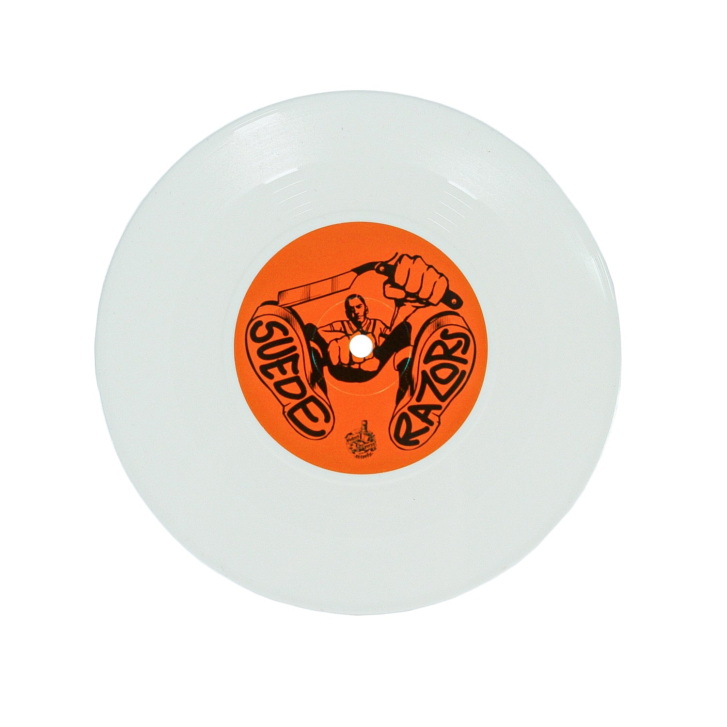 A white vinyl record with an orange center label and artwork of a hand holding a straight razor displays the bold Suede Razors branding, capturing this San Francisco punk band's retro rock ‘n’ roll vibe.