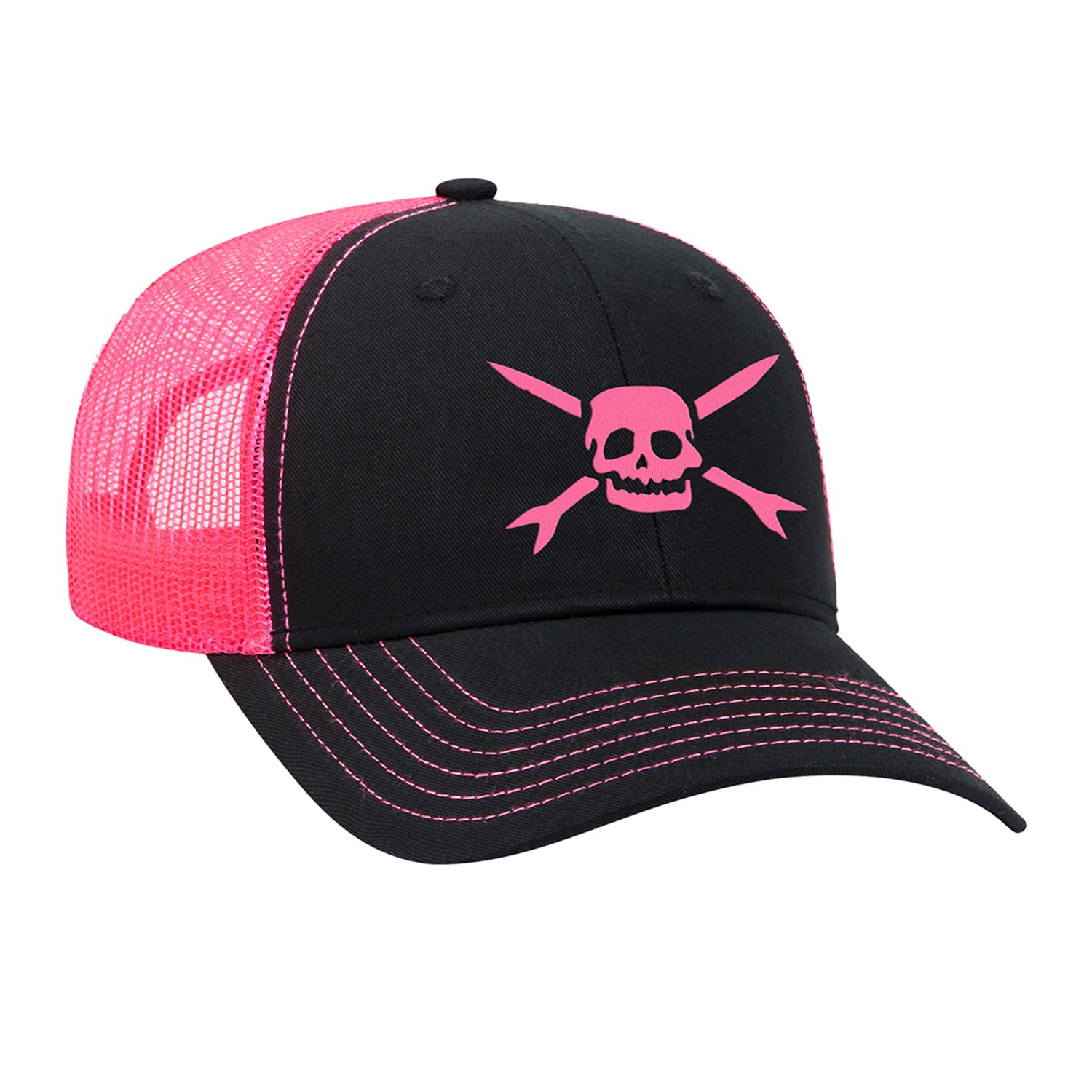 Show your love for Teenage Bottlerocket with this Pink on Black Trucker Hat, featuring pink stitching, a mesh back, and a bold pink skull with crossed oars.