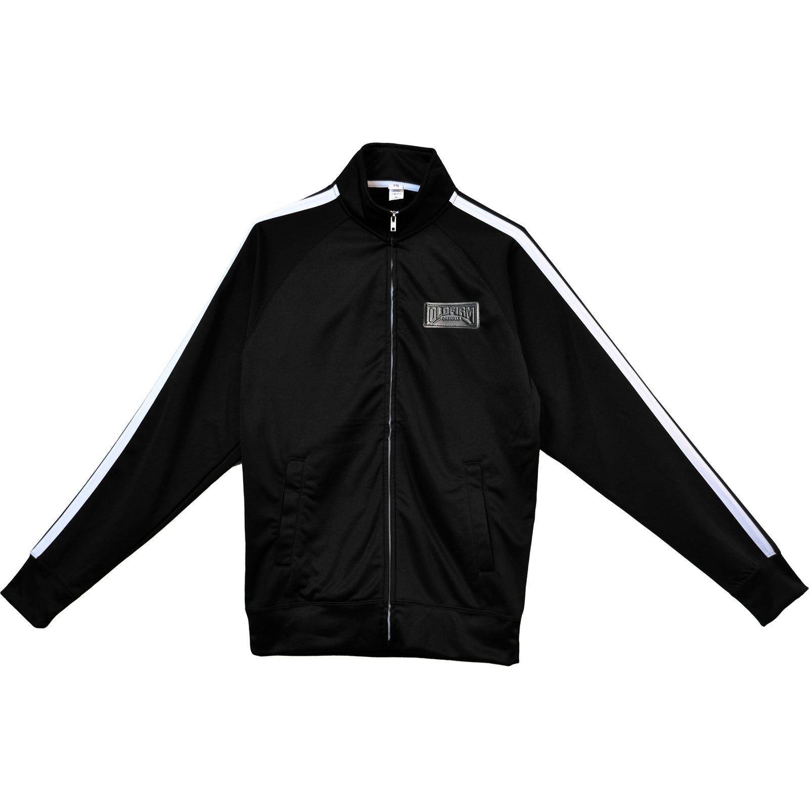 A black zip-up track jacket by The Old Firm Casuals, featuring white sleeve stripes and a small rectangular patch logo on the left chest, is laid flat with arms spread.