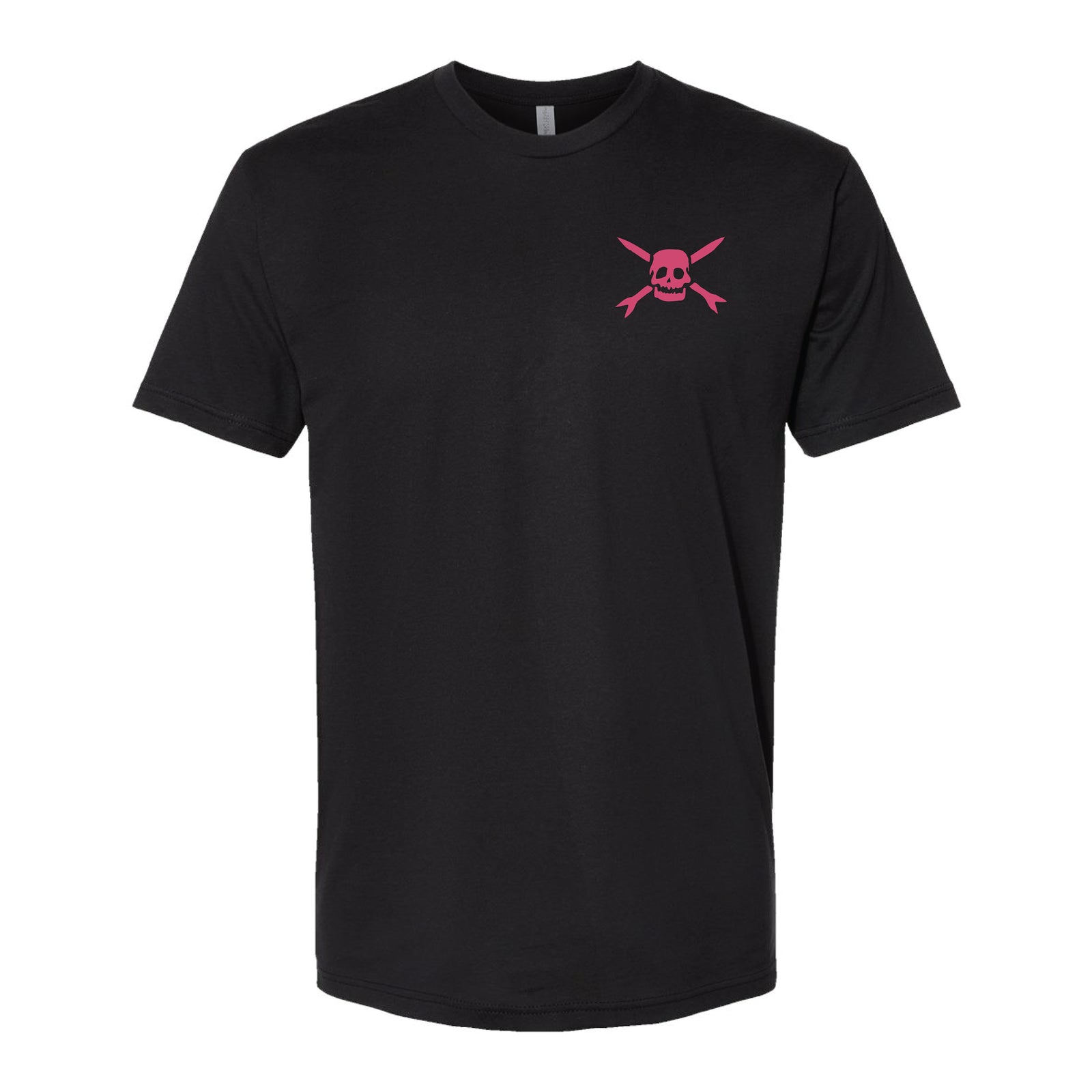 Black t-shirt by Teenage Bottlerocket featuring a small pink Skull & Rockets logo on the left chest, classic crew neck, and short sleeves. Inspired by Oscar Puig artwork for a bold statement.