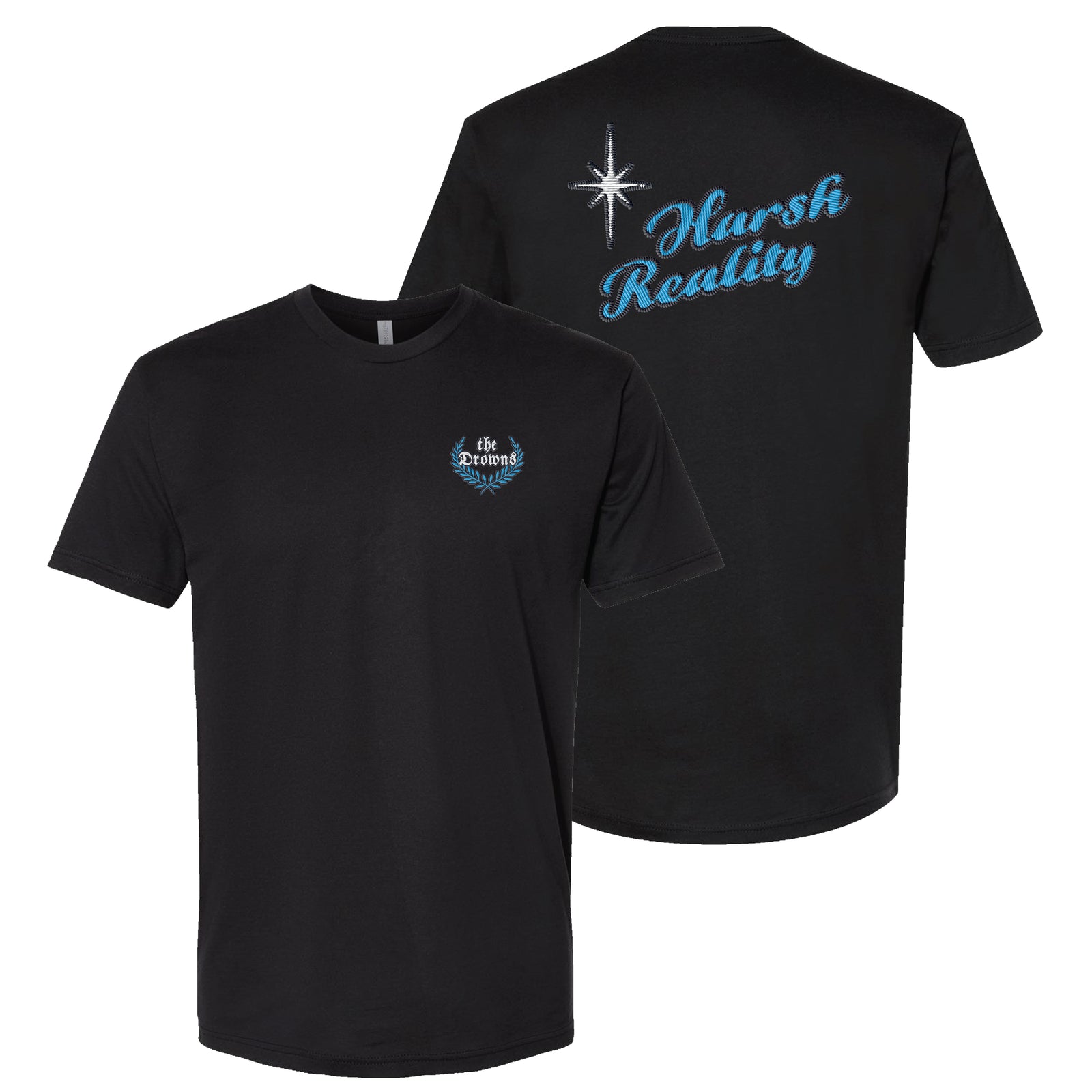 Black Next Level 3600 cotton t-shirt by The Drowns shown front and back. Features a small blue and white crest with "the descended." on the front, and a large blue Harsh Reality script logo with a white star graphic on the back.