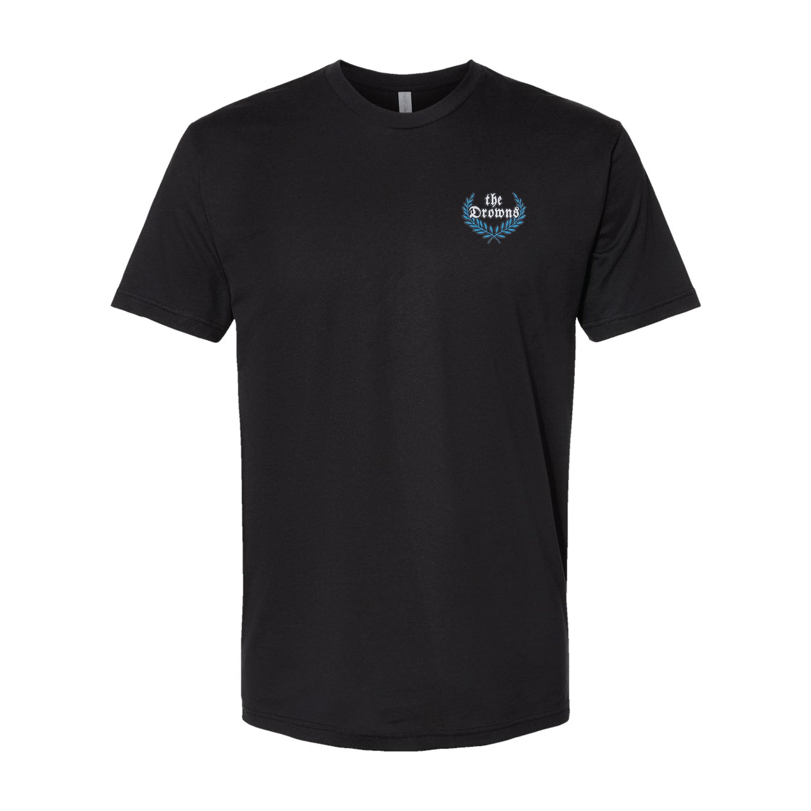 Black The Drowns short-sleeve t-shirt with a small blue and white "The Dreams" crest in a laurel wreath on the left chest. Made from soft Next Level 3600 cotton with a classic crew neckline for comfort and style.