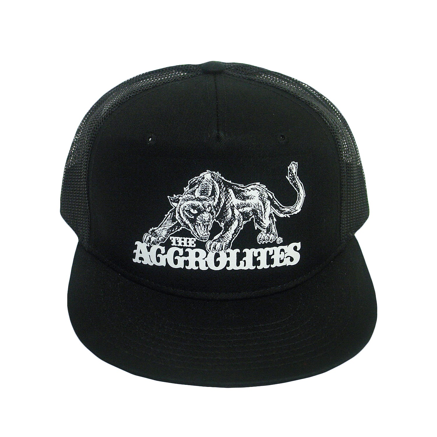 The Aggrolites black mesh trucker hat with a white prowling panther graphic and THE AGGROLITES text on the front panel.