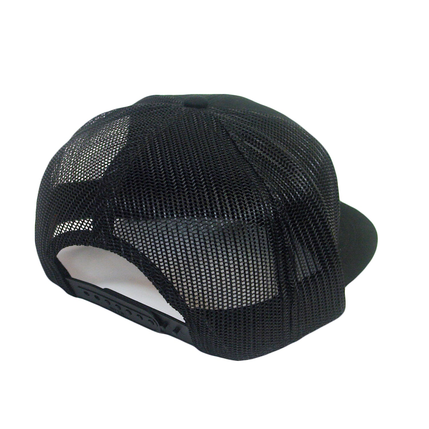 A black mesh trucker hat by The Aggrolites, shown from the back, features a plastic adjustable snap closure and mesh panels for ventilation—ideal for fans of the classic Otto snapback style.