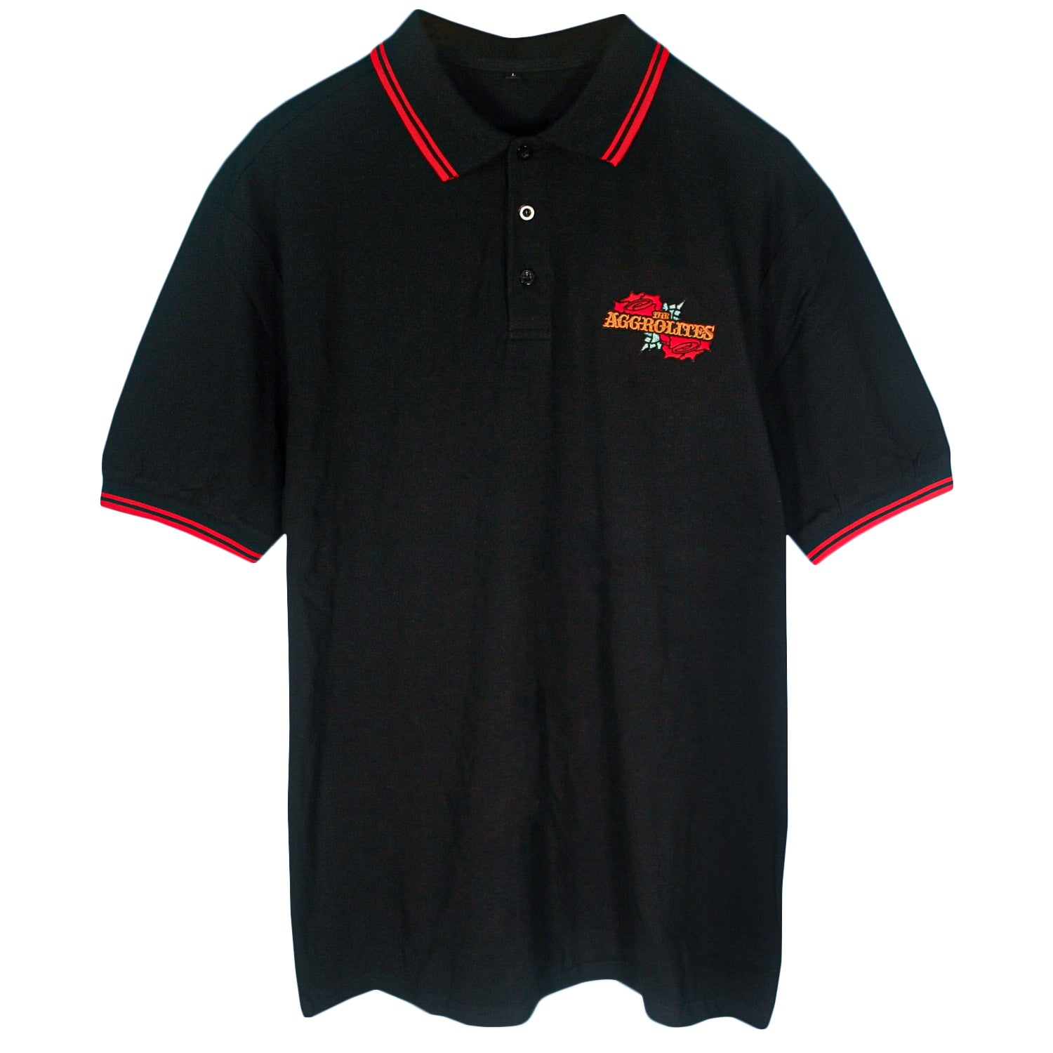 Black polo shirt with red trim on the collar and sleeves, featuring a small embroidered The Aggrolites logo and a graphic of a red and white torch on the left chest.